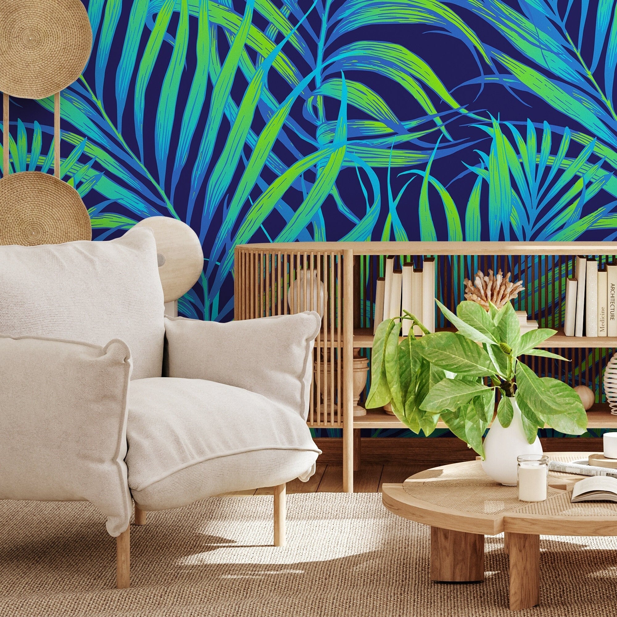 Tropical Wallpaper With Neon Palm Leaves In Blue And Green - B378