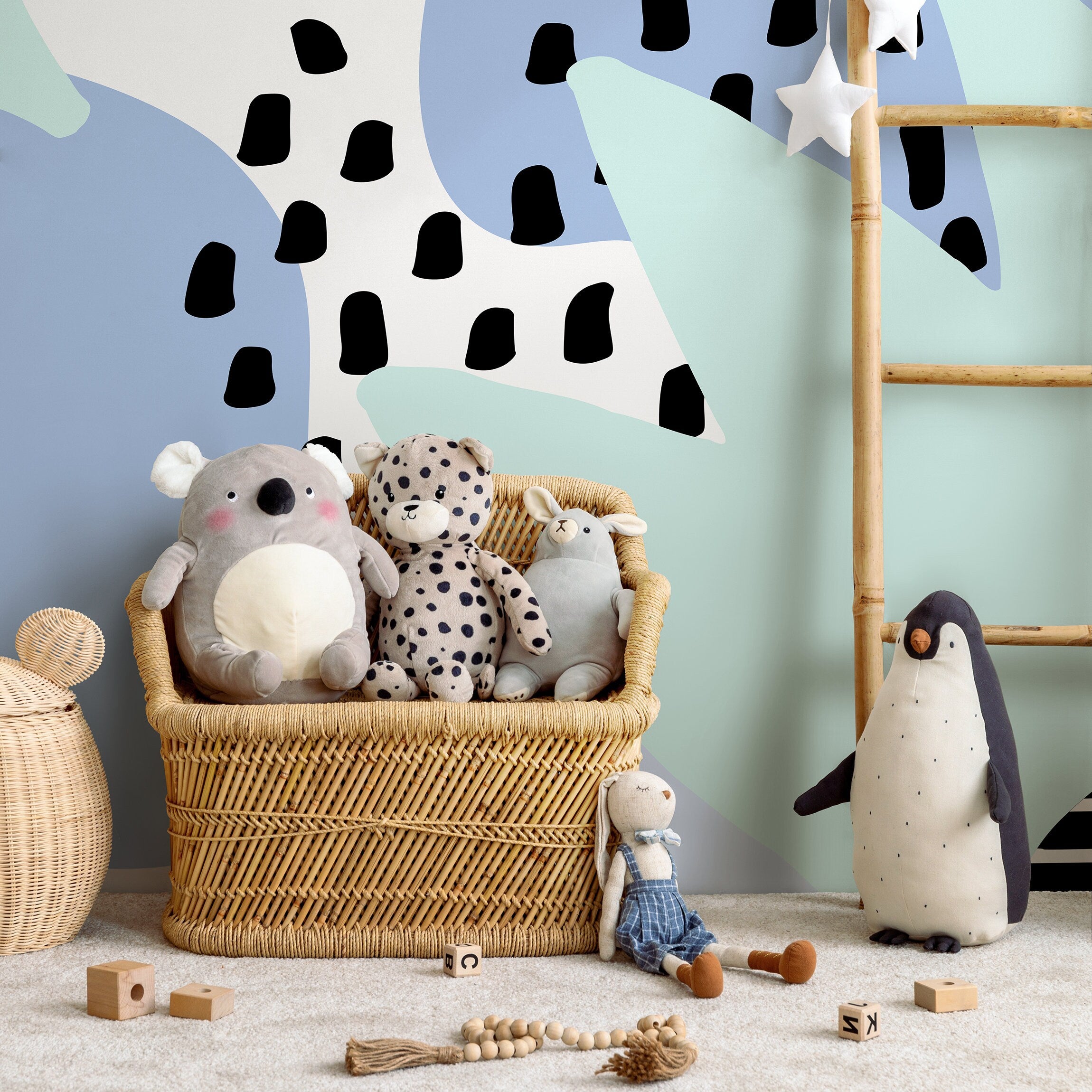 Abstract Wallpaper With Organic Shapes And Spots In Blue, Mint Green, And Black - B381