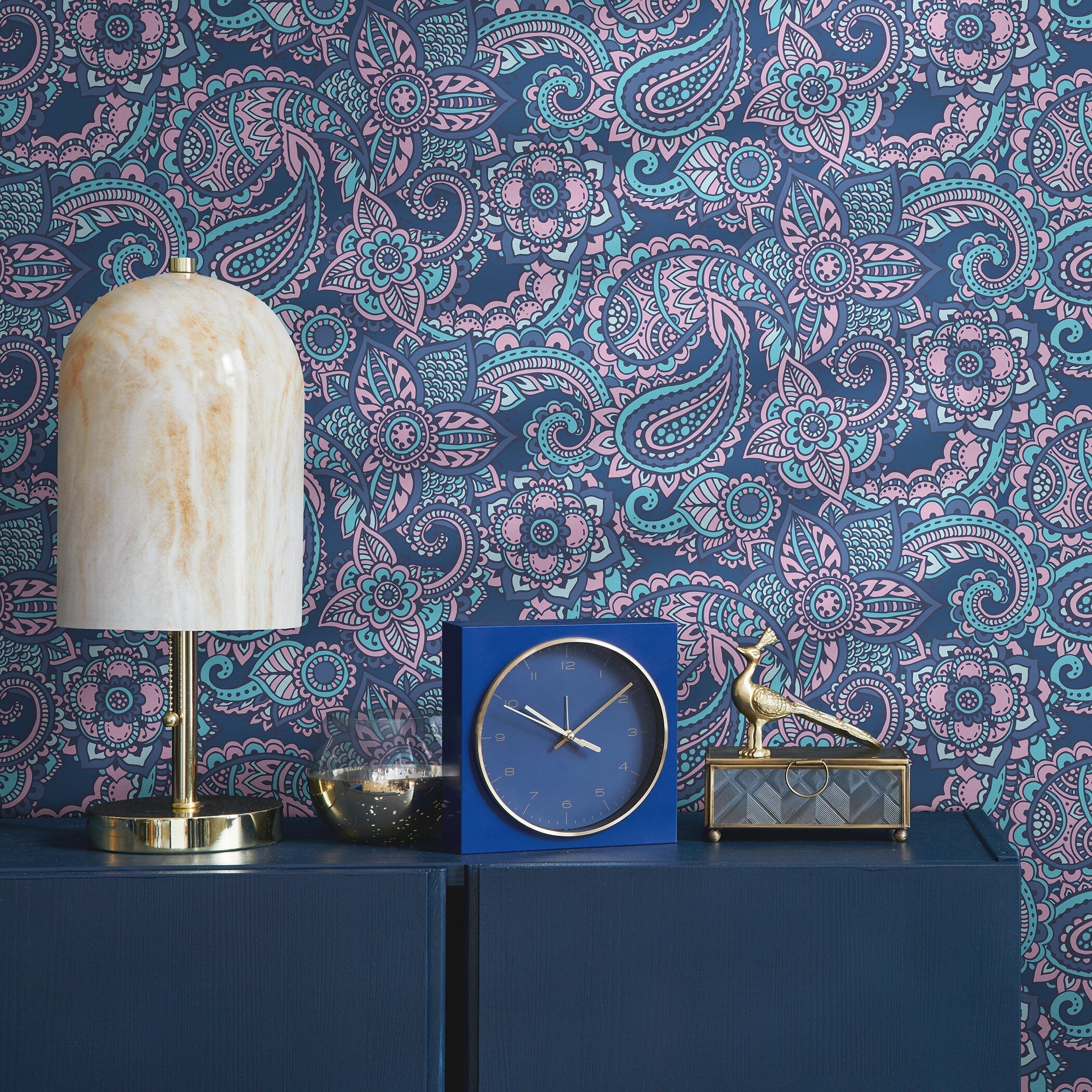 Paisley Wallpaper With Intricate Florals In Navy Blue, Pink, And Teal - B382