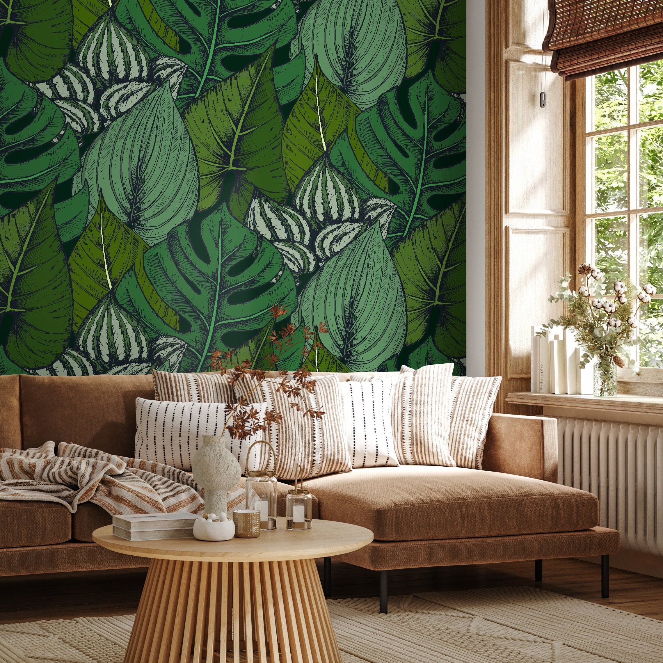 Botanical Wallpaper With A Lush Tropical Leaf Sketch In Green And Black - B390