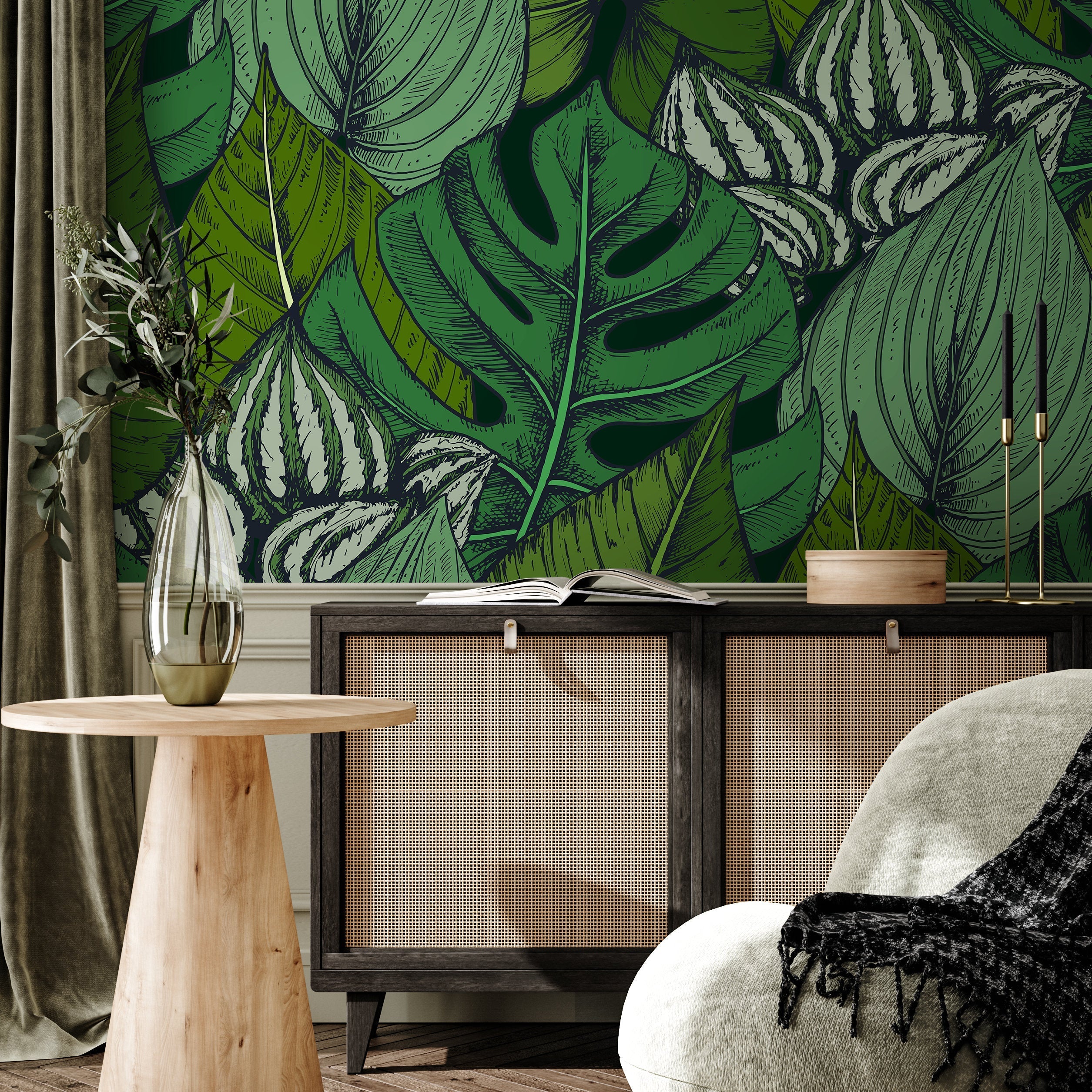 Botanical Wallpaper With A Lush Tropical Leaf Sketch In Green And Black - B390