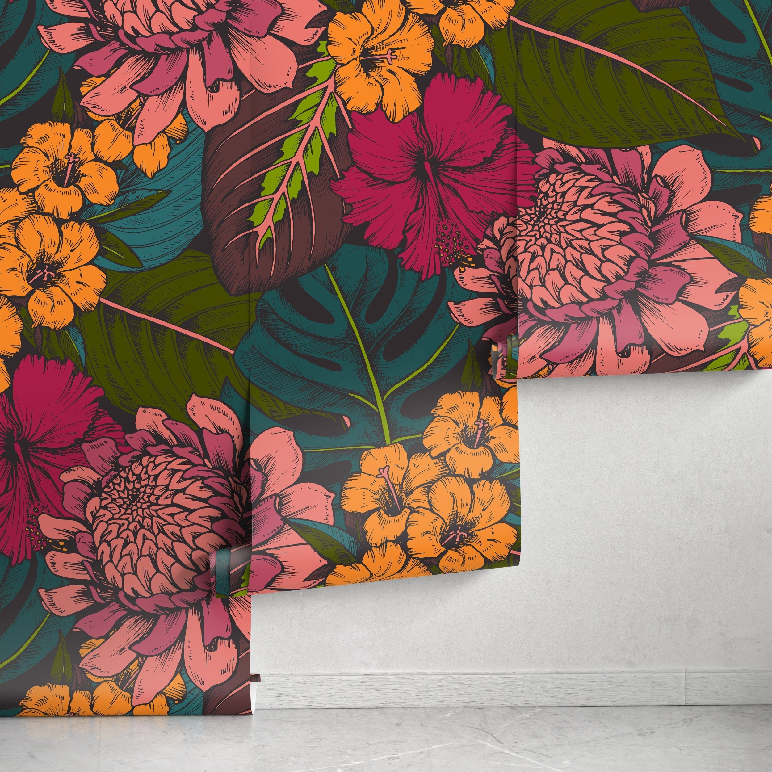 Botanical Wallpaper With Tropical Flowers And Leaves In Pink, Orange, And Teal - B391