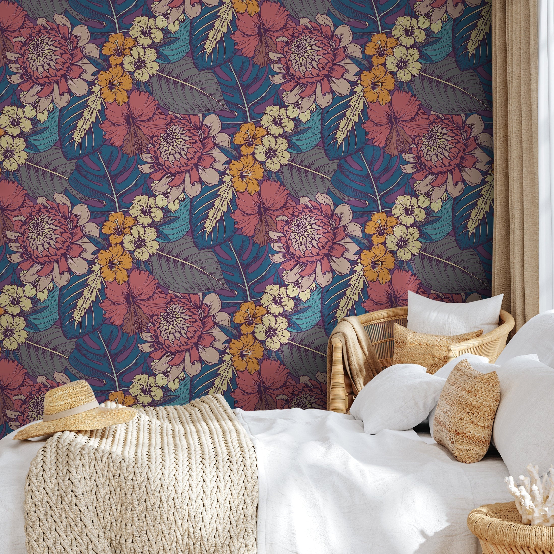 Floral Wallpaper With Tropical Blooms In Pink, Teal, And Orange - B395