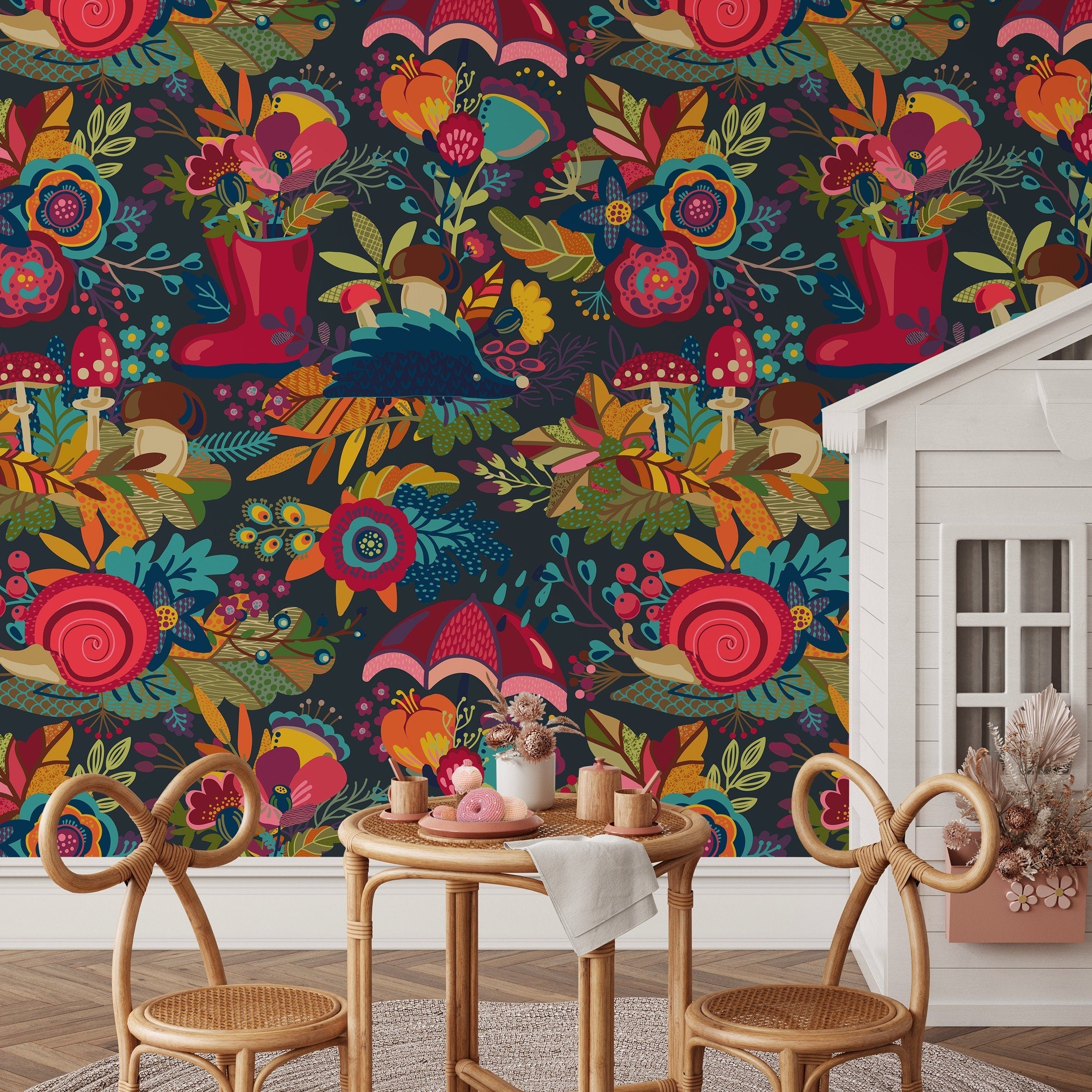 Floral Wallpaper With A Whimsical Motif In Red, Teal, And Orange - B399