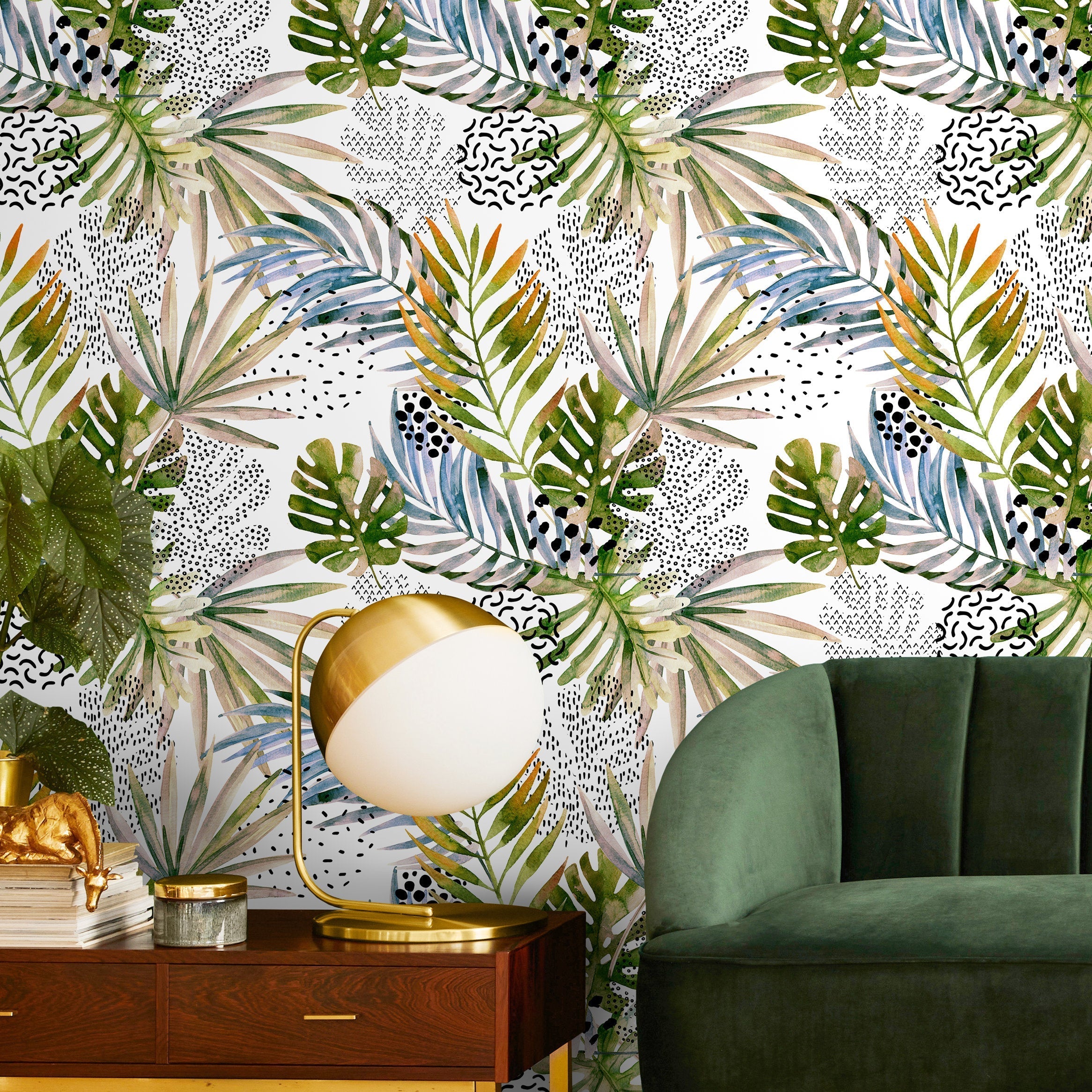 Botanical Wallpaper With Abstract Palm Leaves In Green, Blue, And Orange - B002