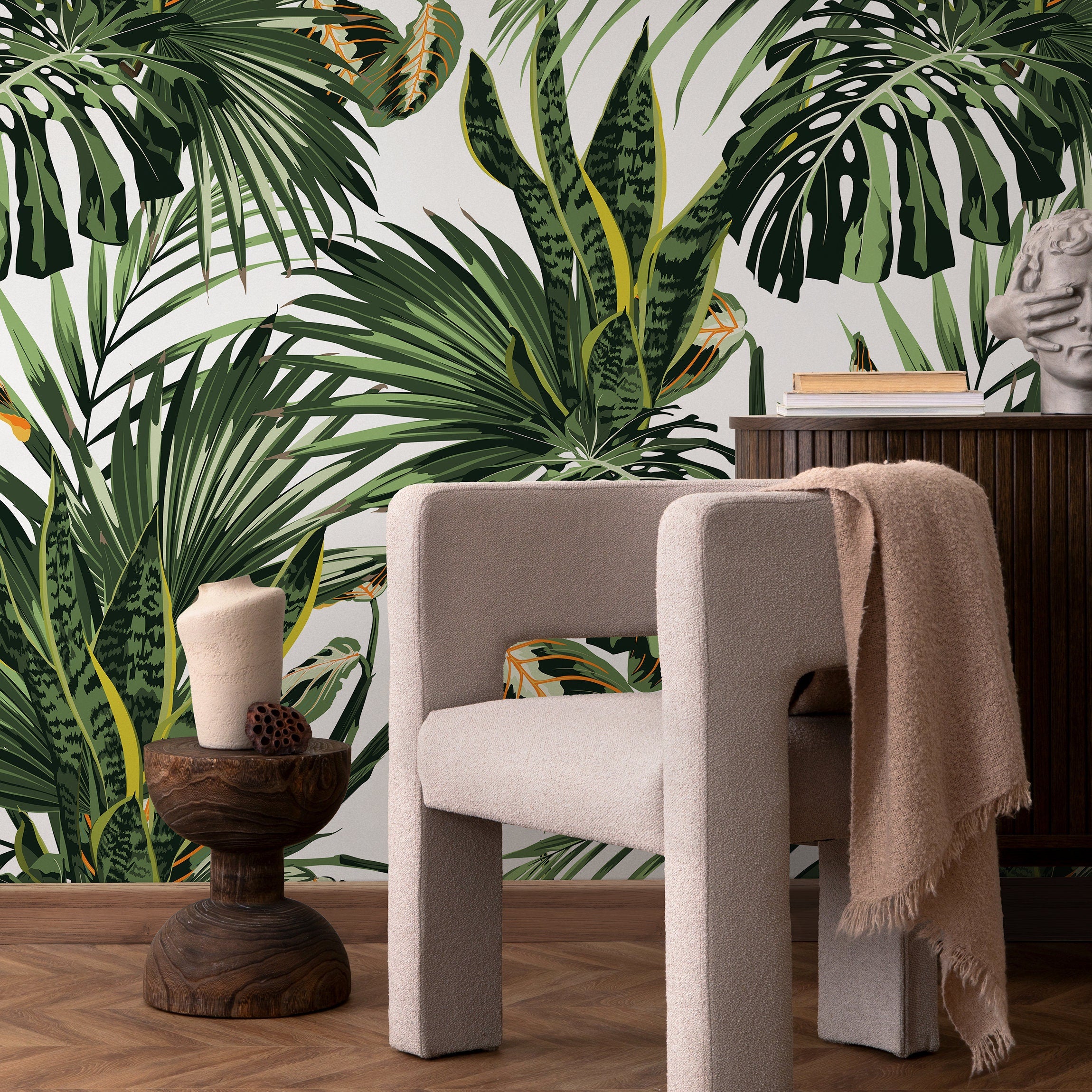 Tropical Wallpaper With Lush Jungle Leaves In Green And Yellow - B021