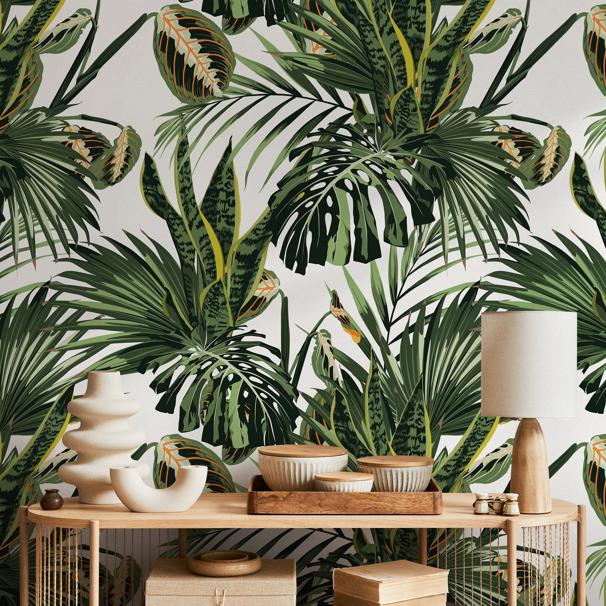 Tropical Wallpaper With Lush Jungle Leaves In Green And Yellow - B021
