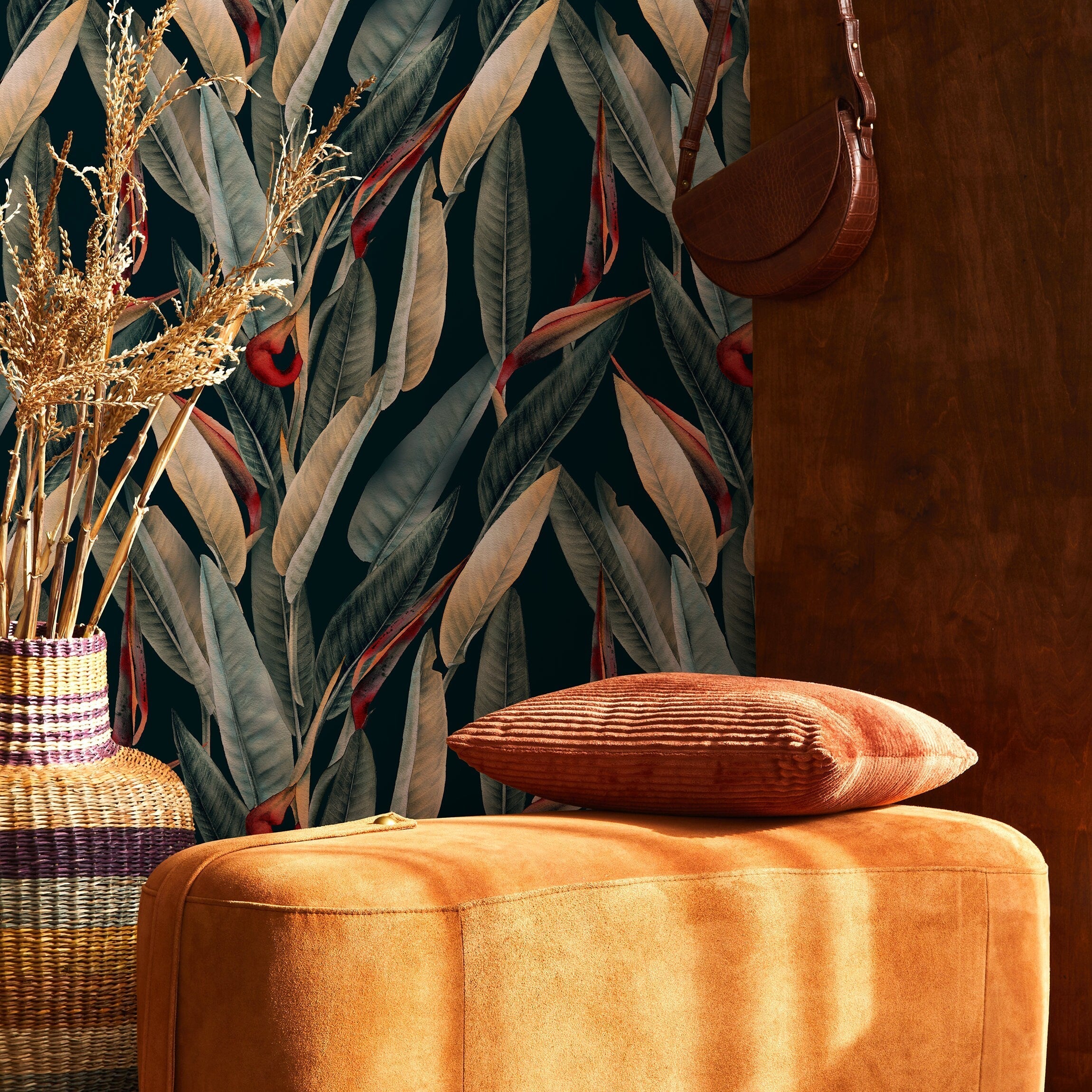 Botanical Wallpaper With Bird Of Paradise Leaves In Dark Green, Beige, And Red - B036