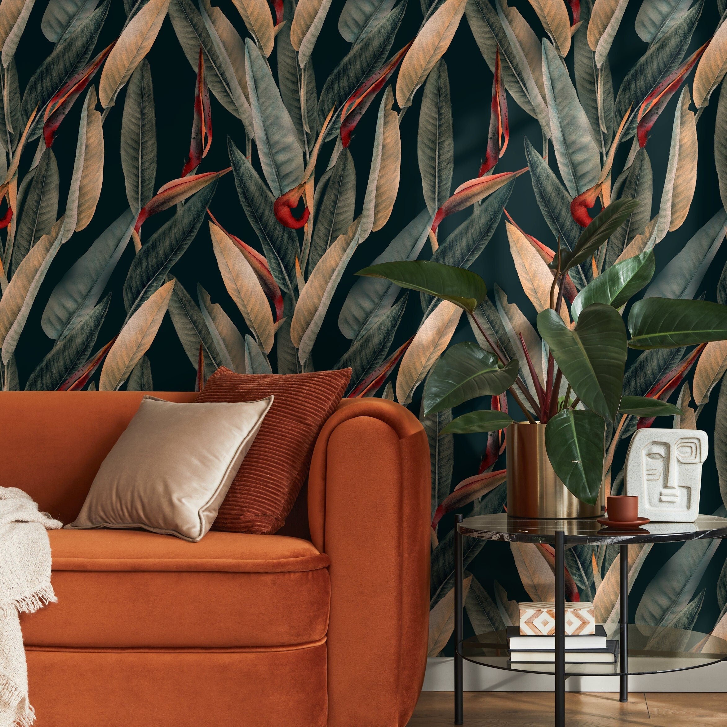 Botanical Wallpaper With Bird Of Paradise Leaves In Dark Green, Beige, And Red - B036