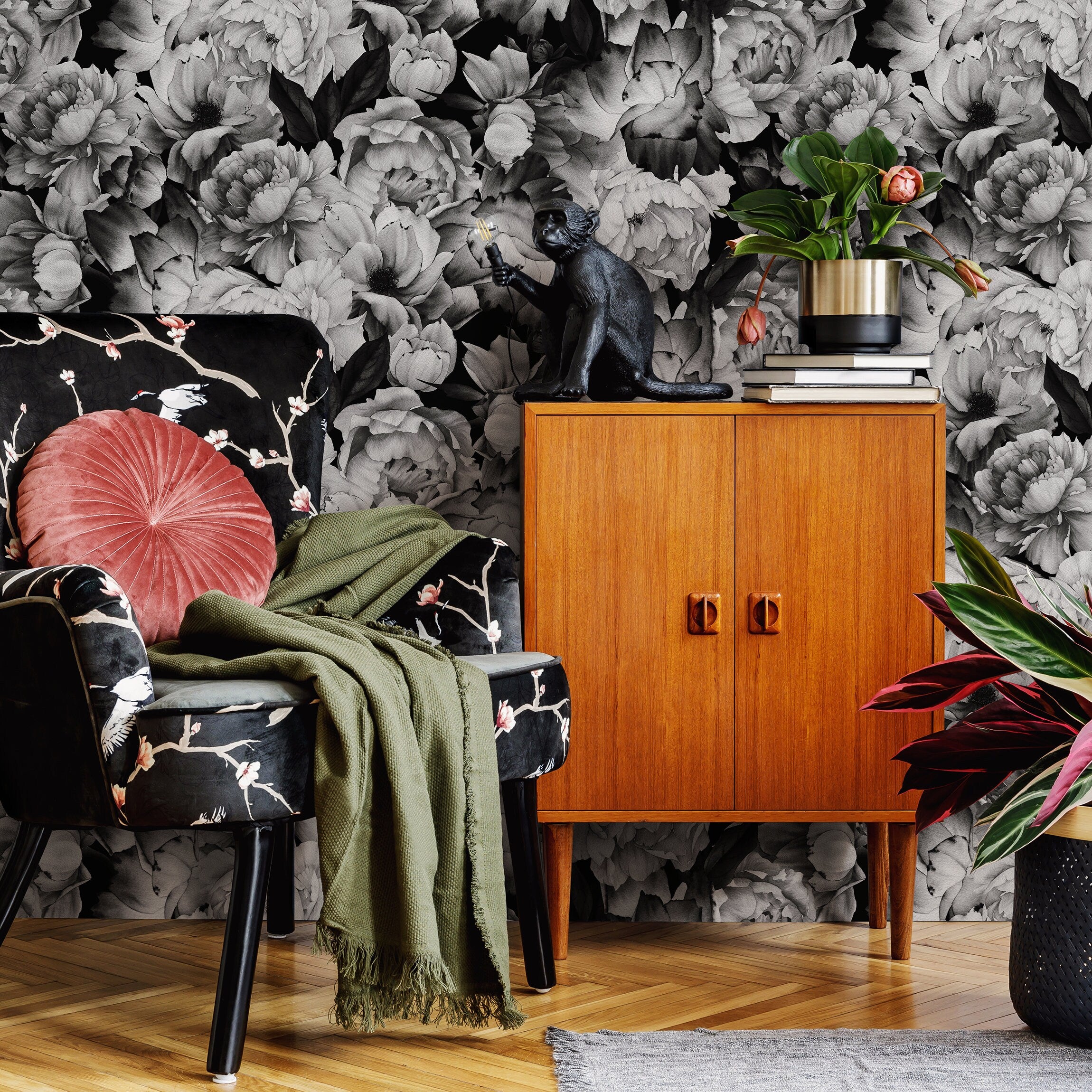 Floral Wallpaper With Watercolor Peonies In Black And White - B045