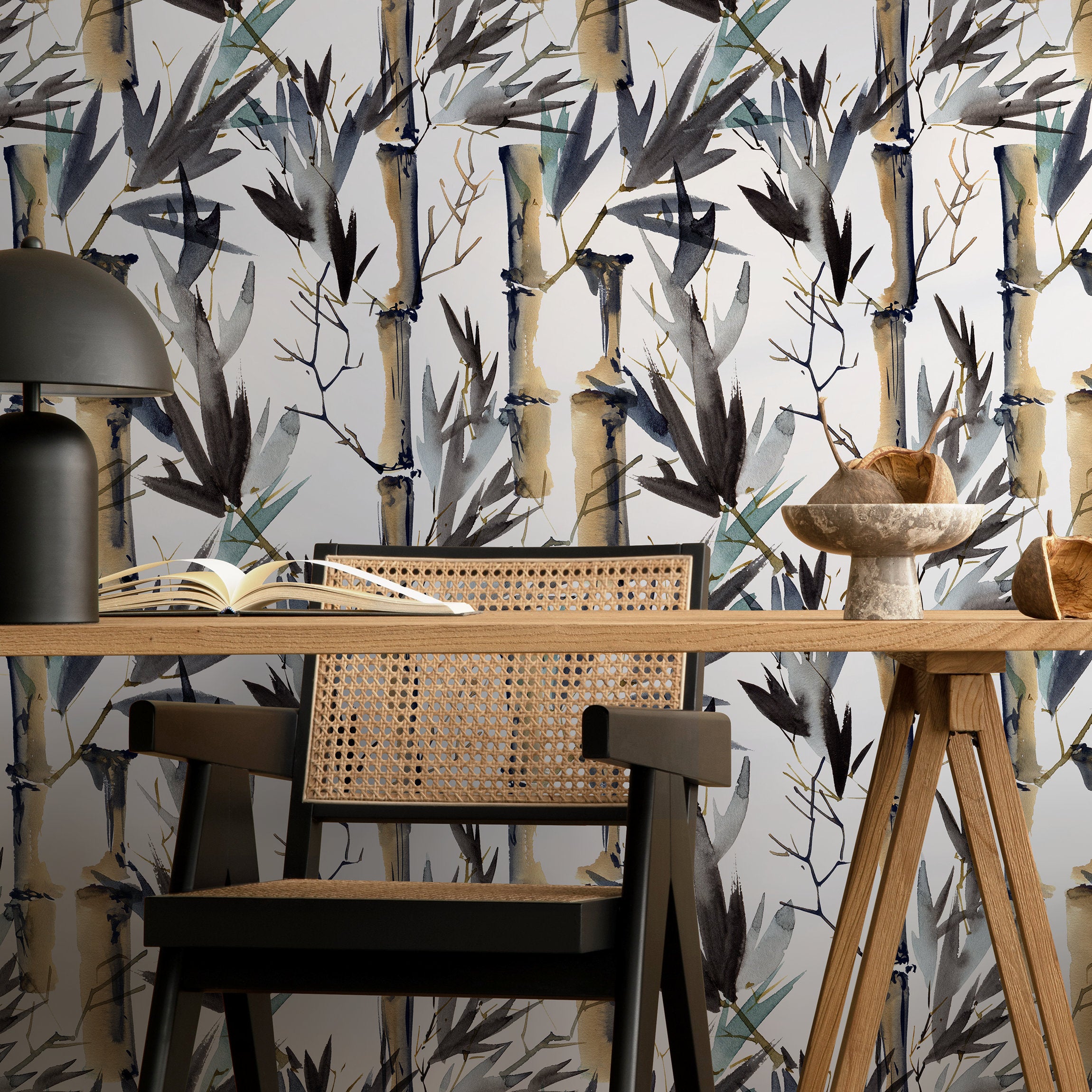 Japanese Wallpaper With A Watercolor Bamboo Forest Motif In Beige, Blue, And Black - B052