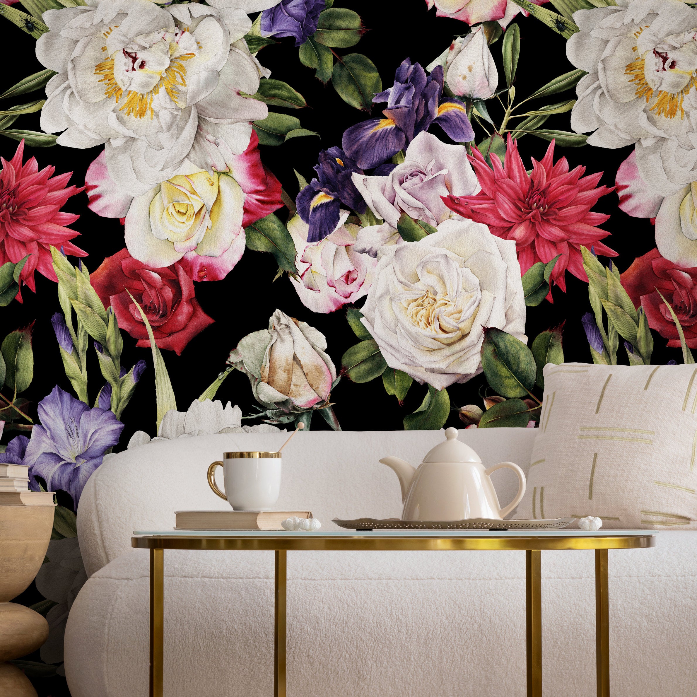Floral Wallpaper With Peonies And Roses In White, Red, And Purple - B061