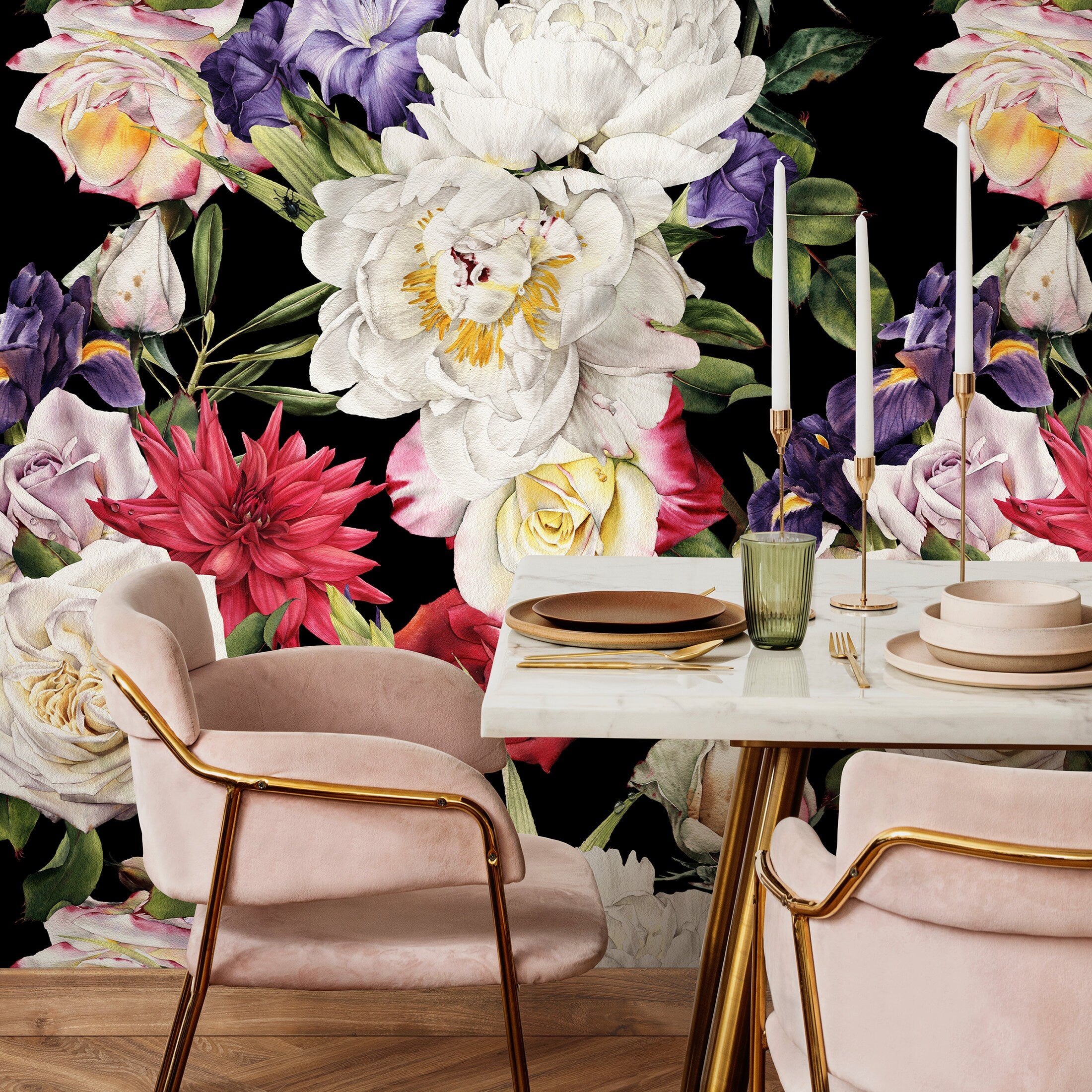 Floral Wallpaper With Peonies And Roses In White, Red, And Purple - B061