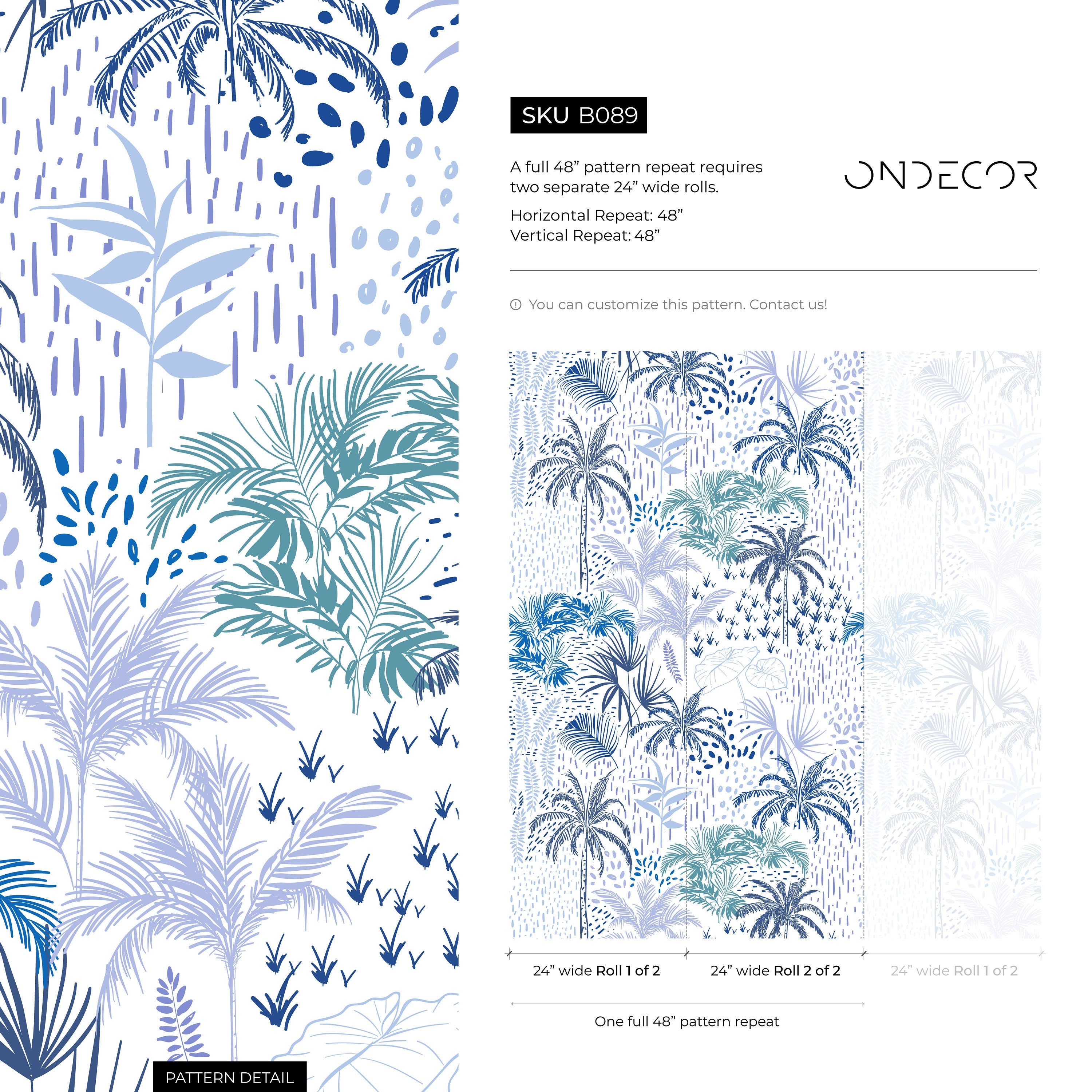 Botanical Wallpaper Featuring A Coastal Palm Motif In Dark Blue And Light Blue - B089