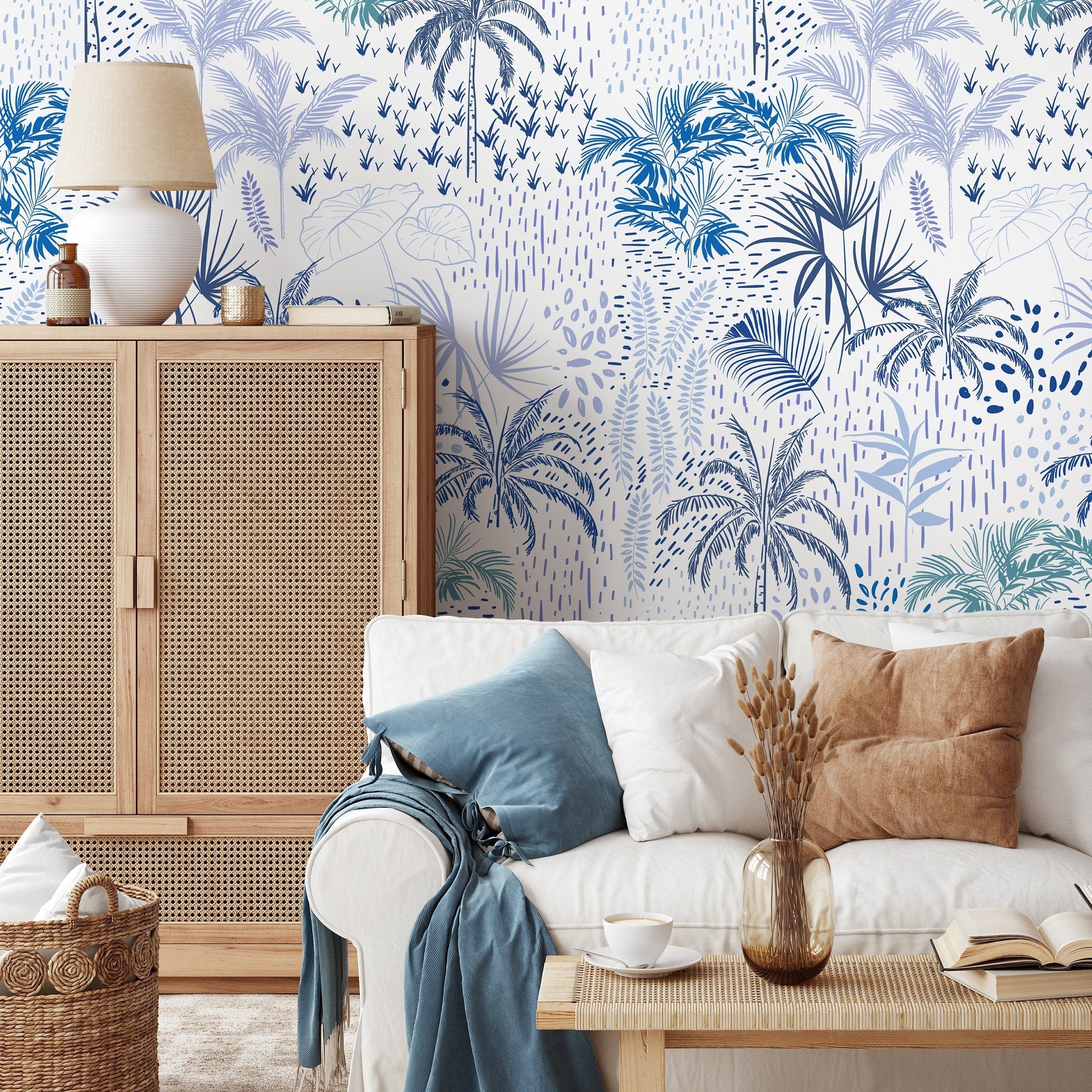 Botanical Wallpaper Featuring A Coastal Palm Motif In Dark Blue And Light Blue - B089