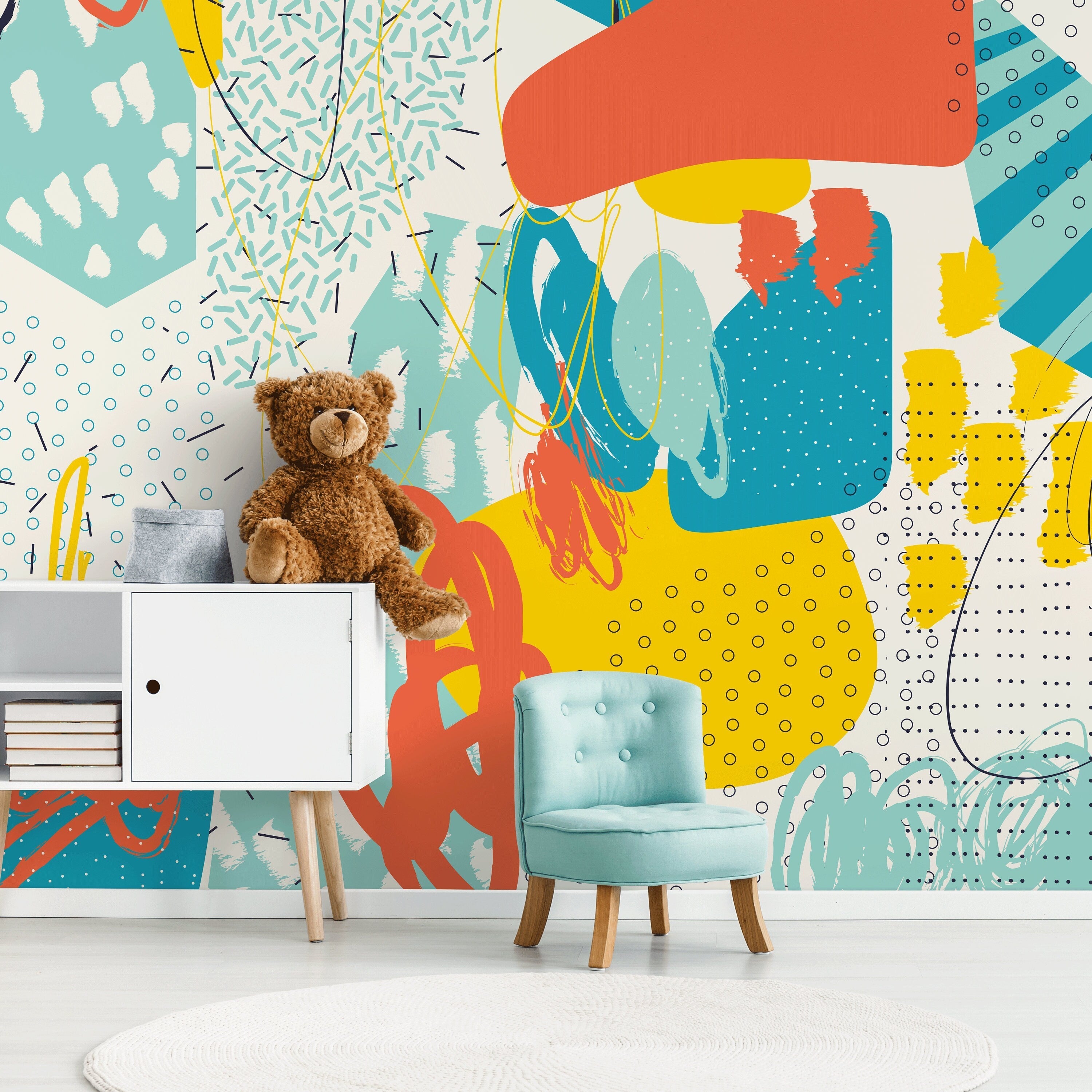 Abstract Wallpaper With A Colorful Collage Of Shapes In Orange, Yellow, And Blue - B090