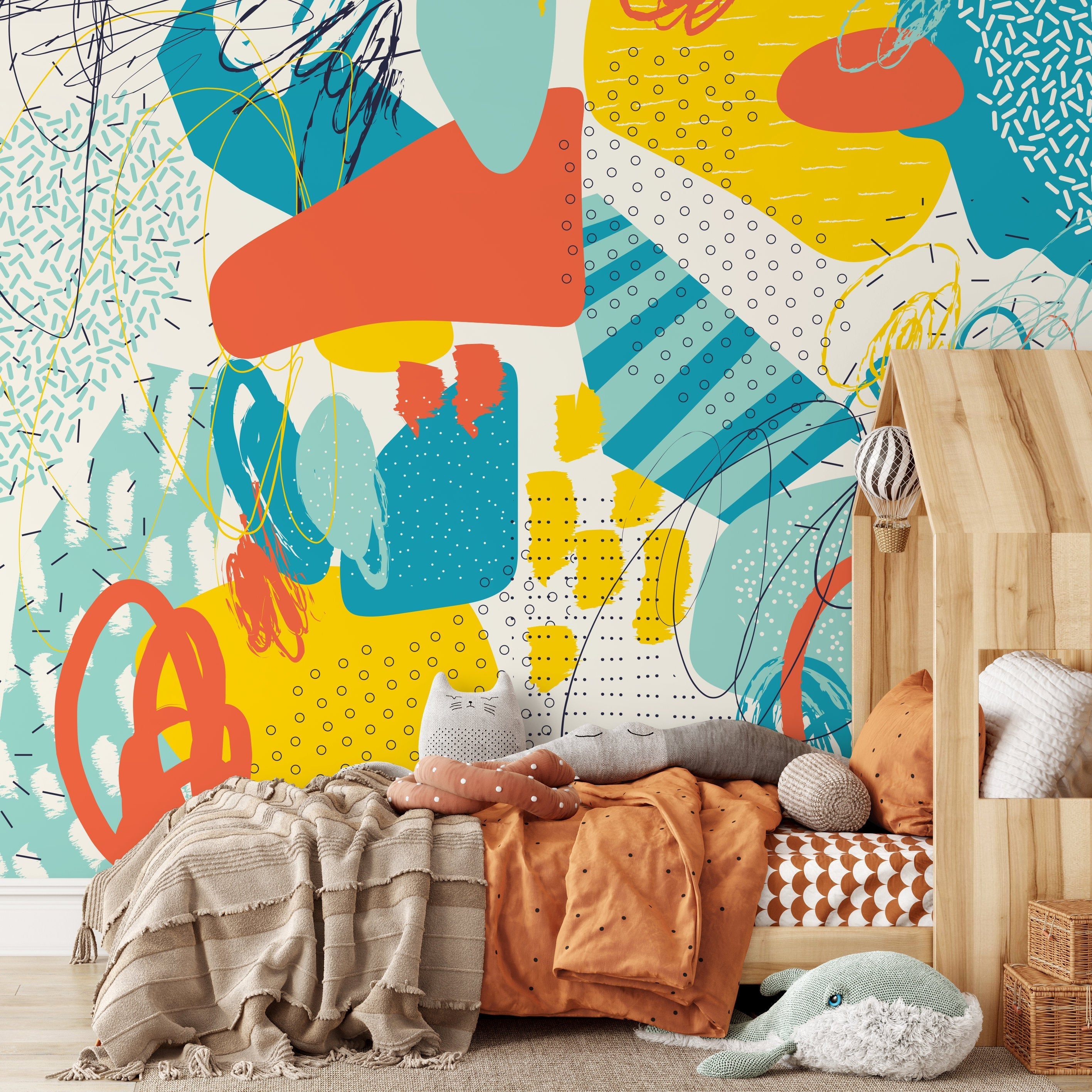 Abstract Wallpaper With A Colorful Collage Of Shapes In Orange, Yellow, And Blue - B090
