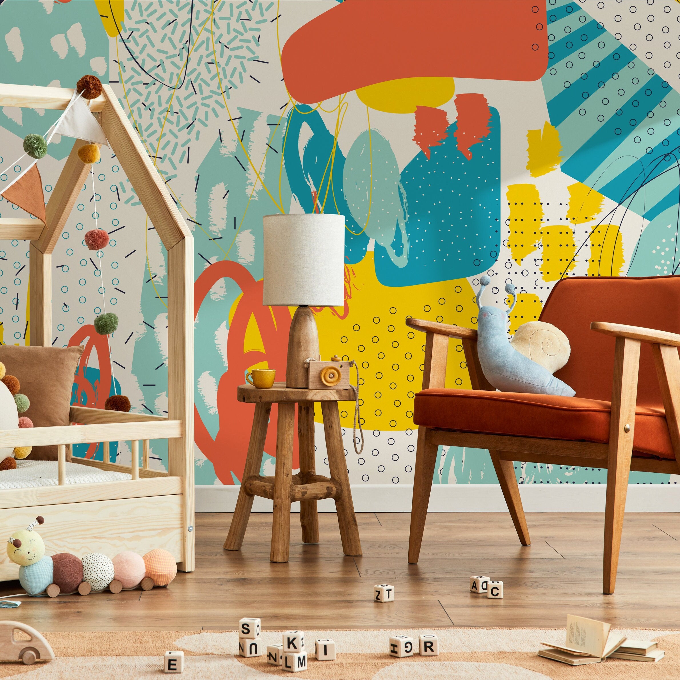 Abstract Wallpaper With A Colorful Collage Of Shapes In Orange, Yellow, And Blue - B090