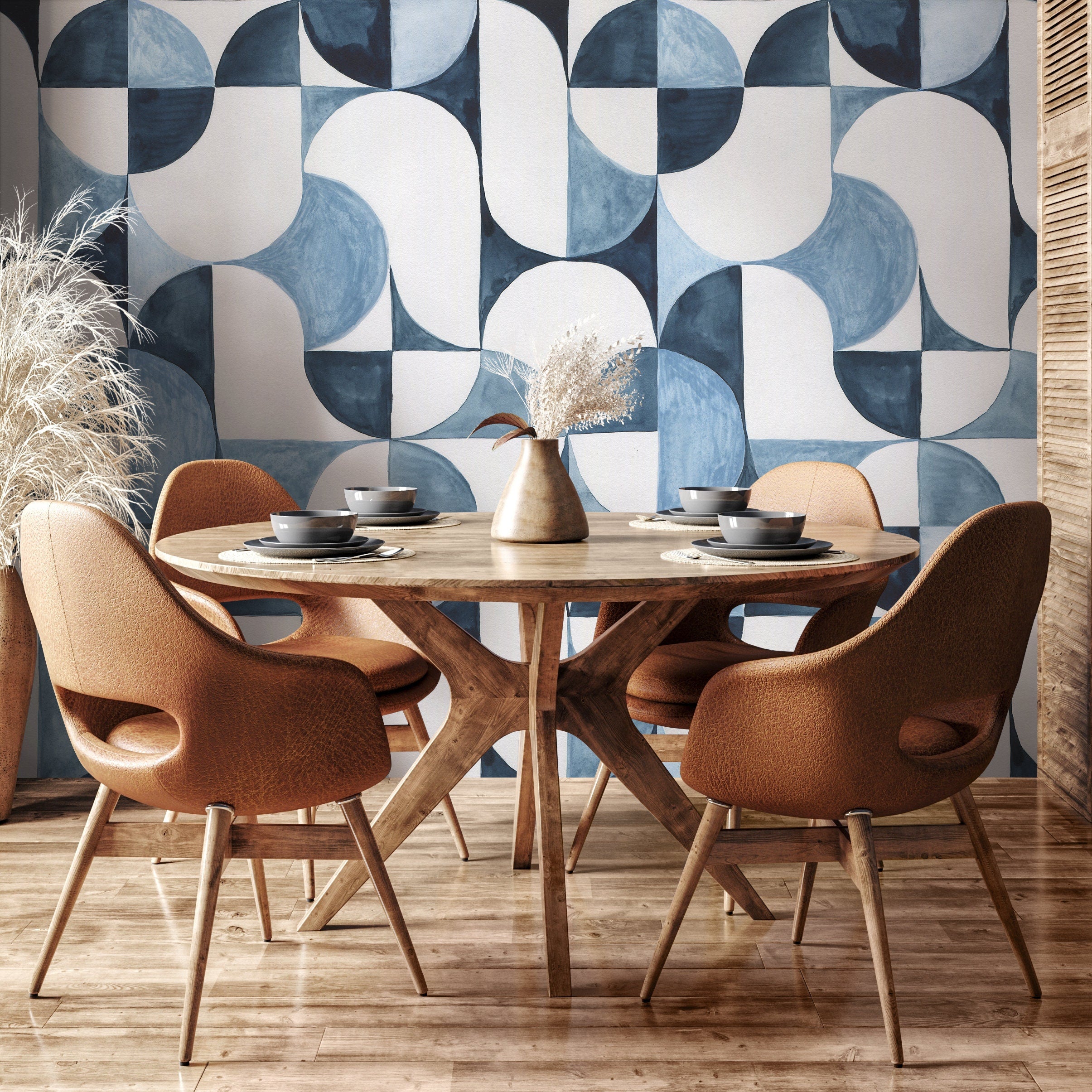 Geometric Wallpaper With A Watercolor Circle Motif In Shades Of Blue - B091