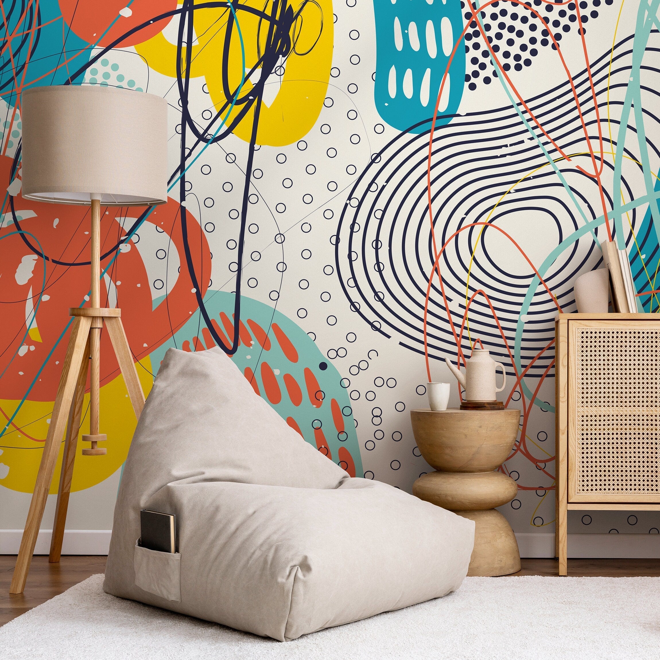 Abstract Wallpaper With Energetic Scribbles In Teal, Orange, And Yellow - B094