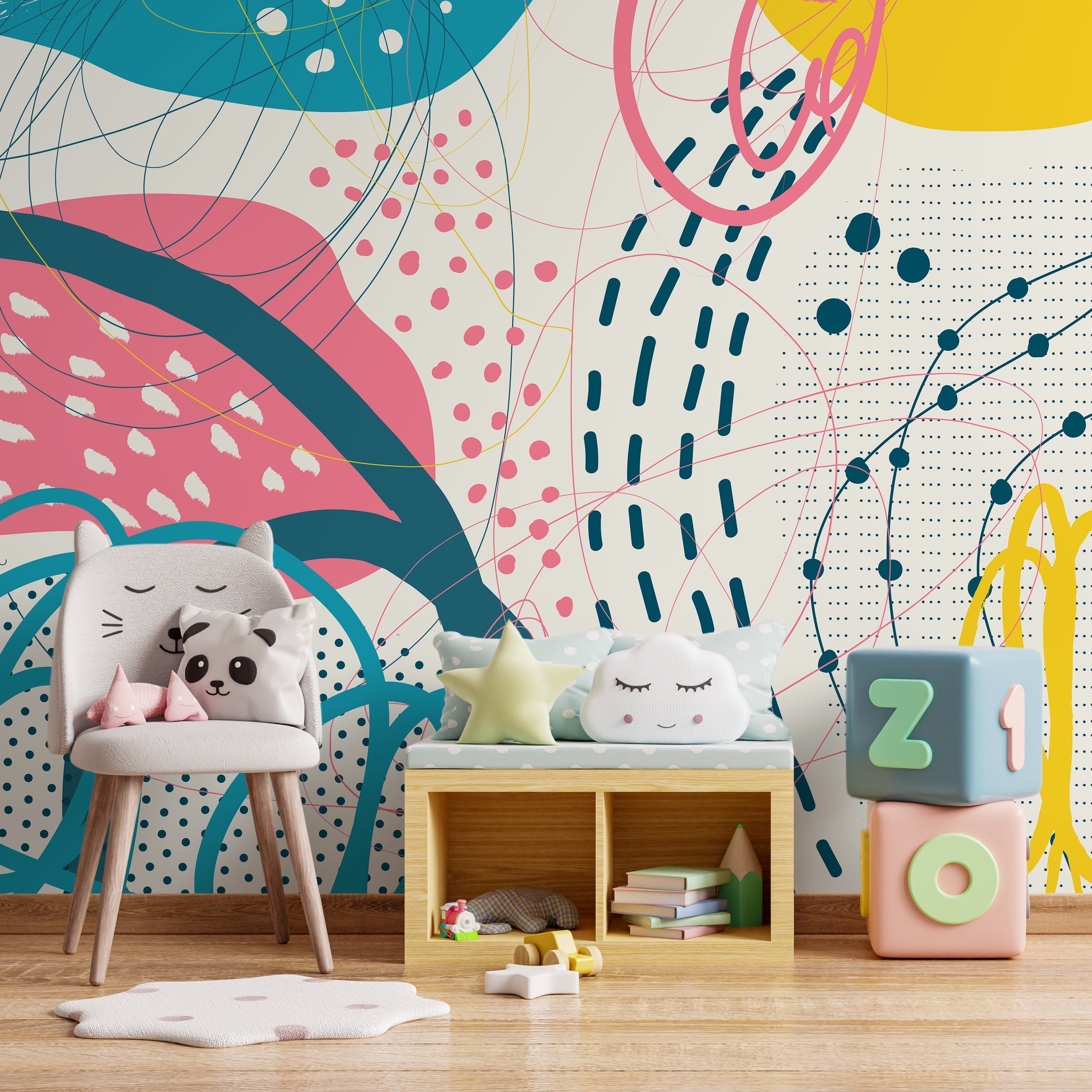 Abstract Wallpaper With A Playful Collage Of Shapes In Teal, Pink, And Yellow - B095
