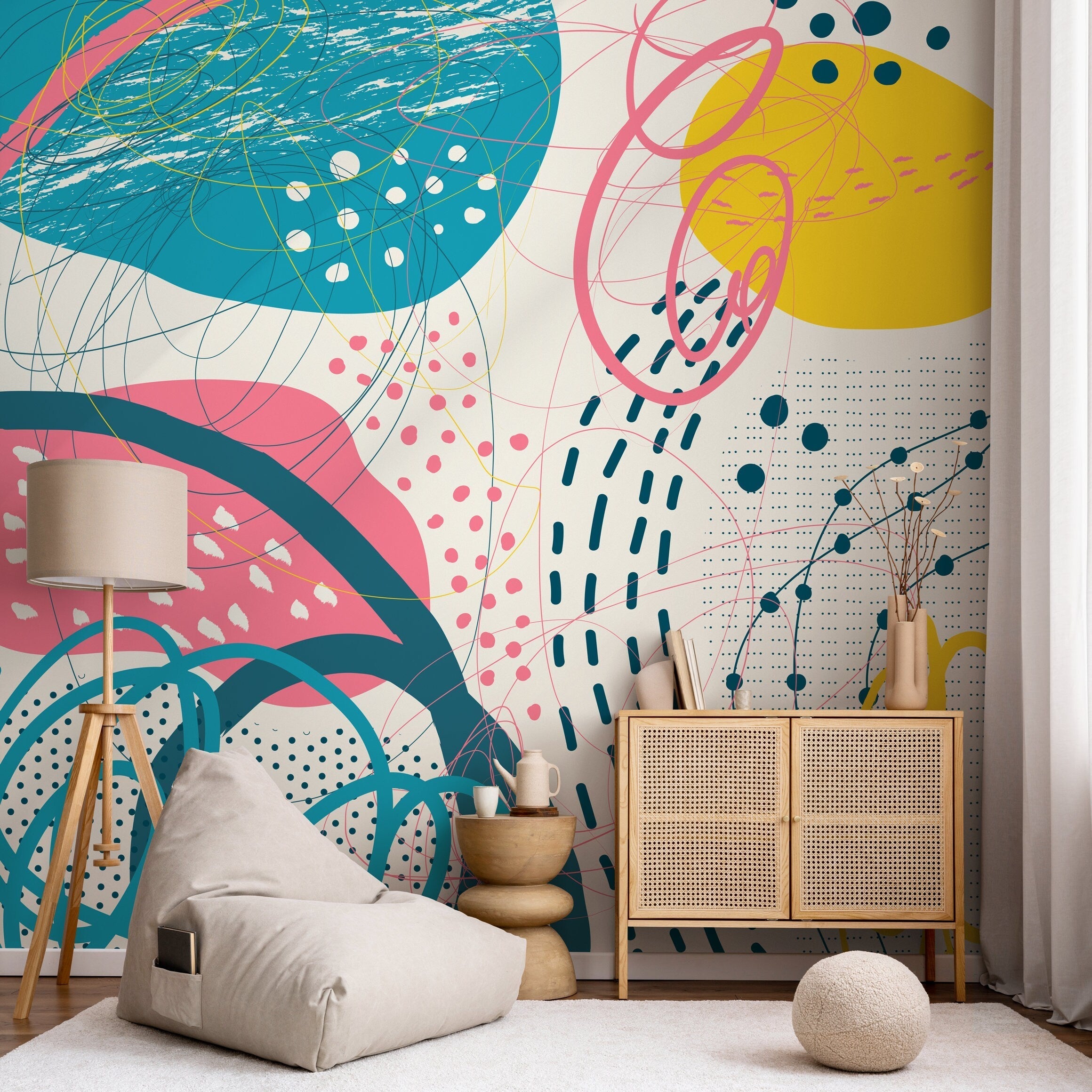 Abstract Wallpaper With A Playful Collage Of Shapes In Teal, Pink, And Yellow - B095