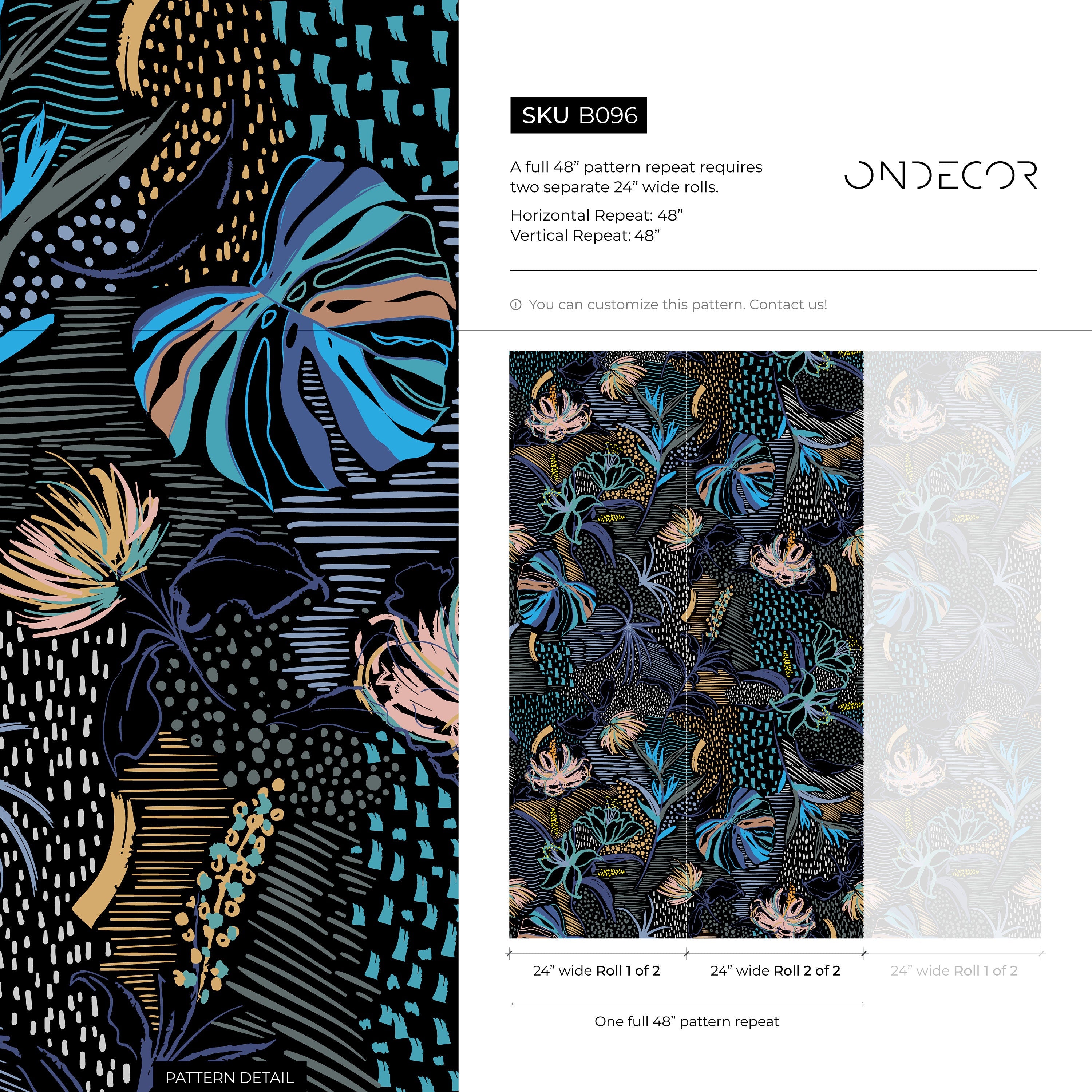 Abstract Wallpaper With Painterly Botanicals In Blue, Gold, And Pink - B096