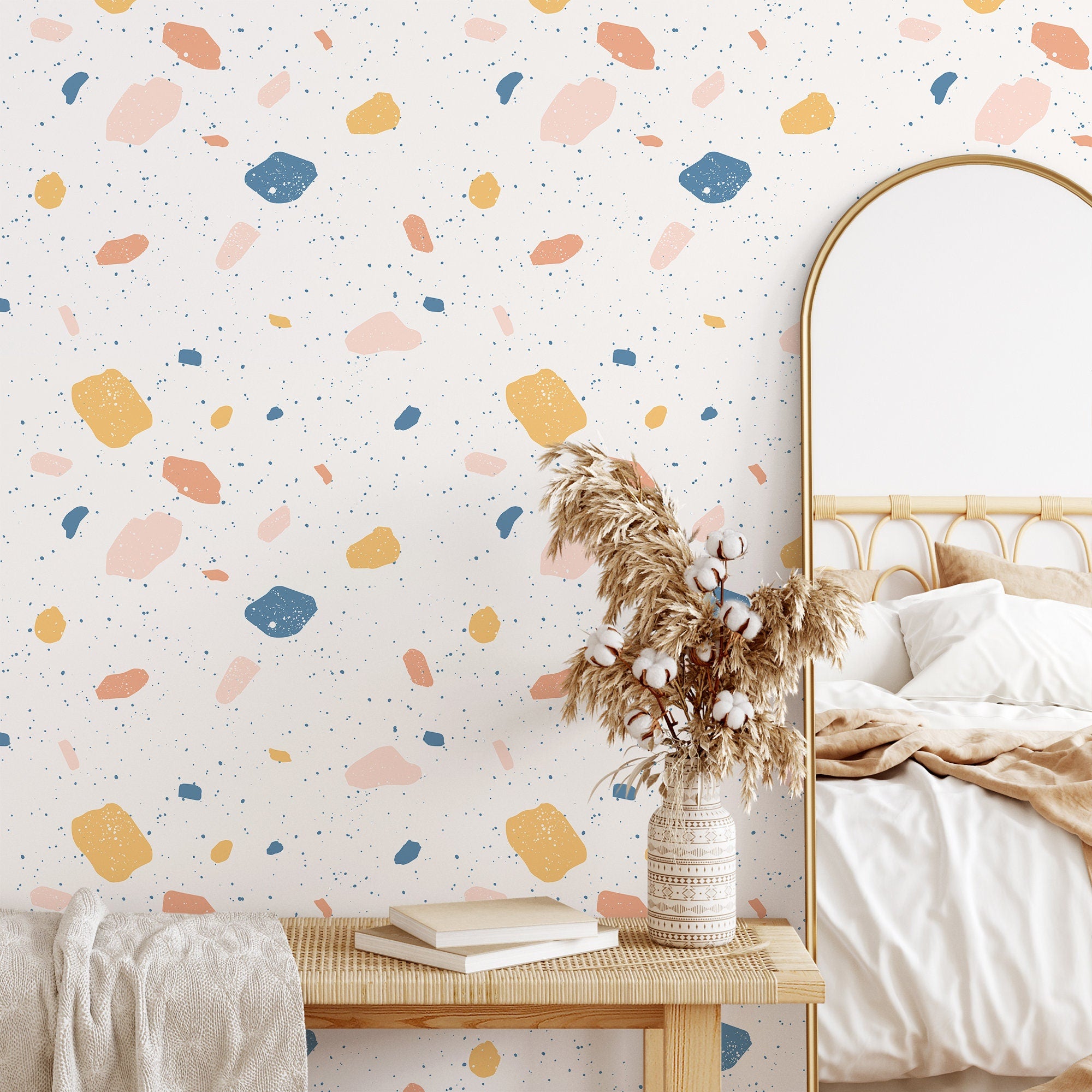 Terrazzo Wallpaper With Abstract Stone Chips In Blue, Pink, And Yellow - B111