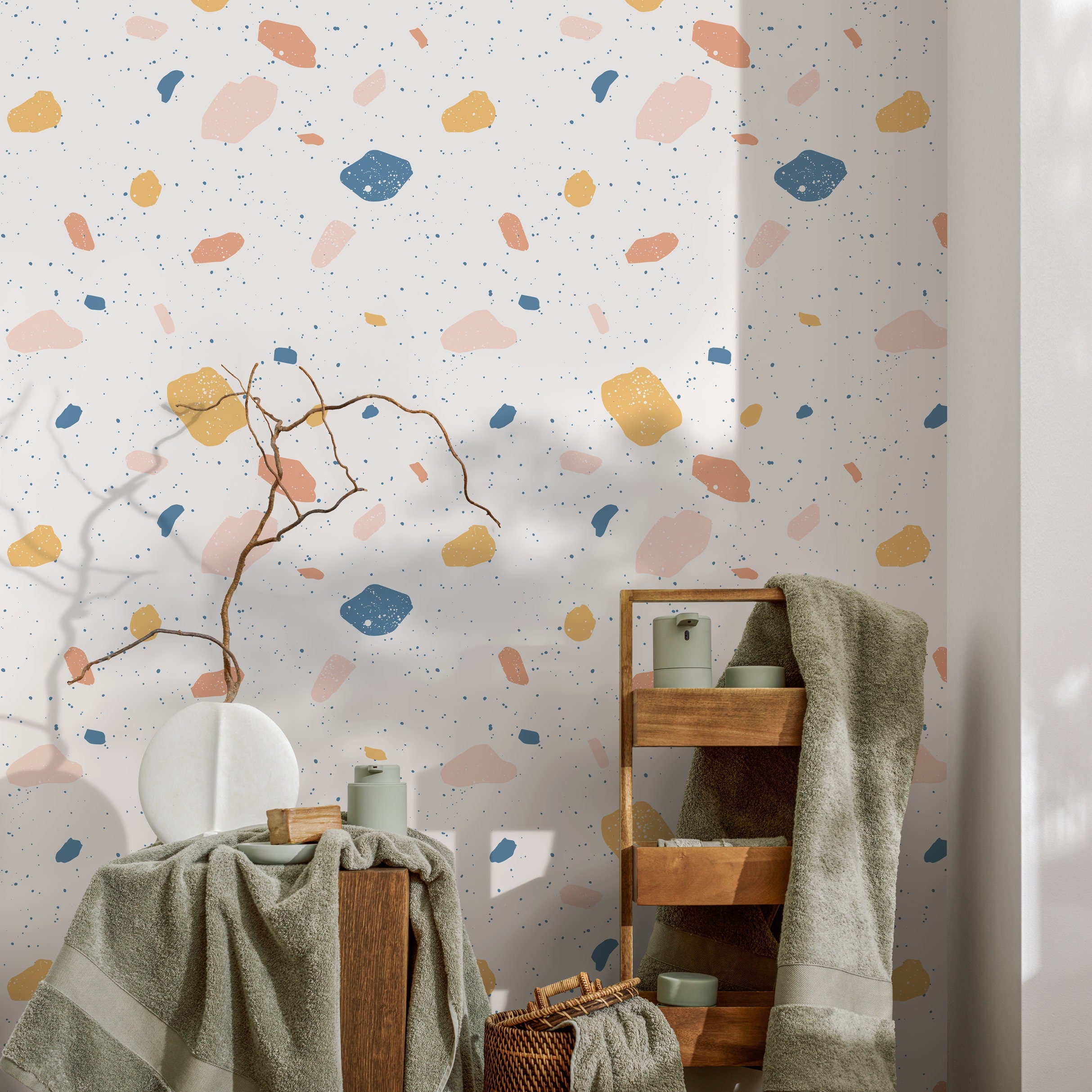 Terrazzo Wallpaper With Abstract Stone Chips In Blue, Pink, And Yellow - B111