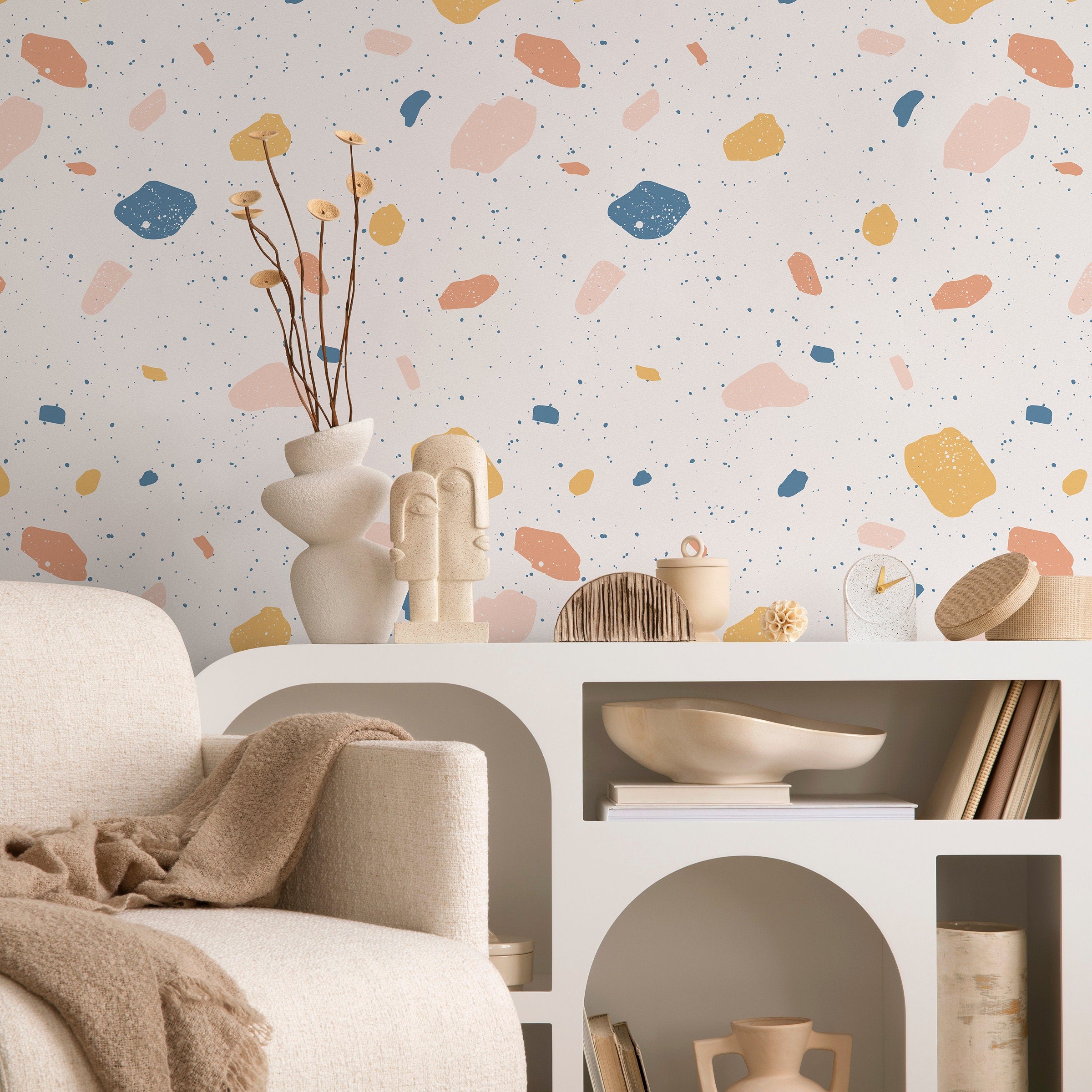Terrazzo Wallpaper With Abstract Stone Chips In Blue, Pink, And Yellow - B111