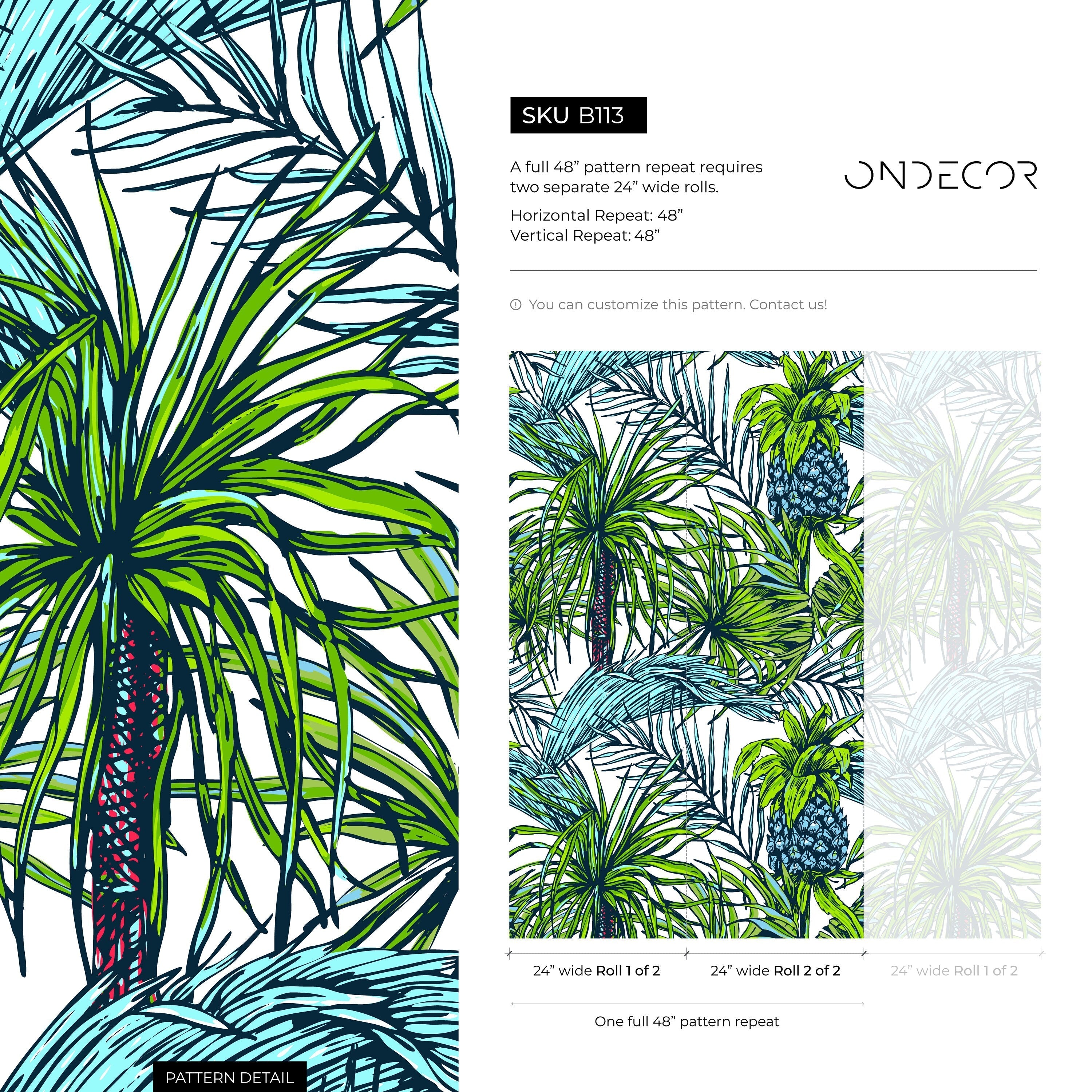Tropical Wallpaper With Palm Leaves And Pineapples In Green And Blue - B113