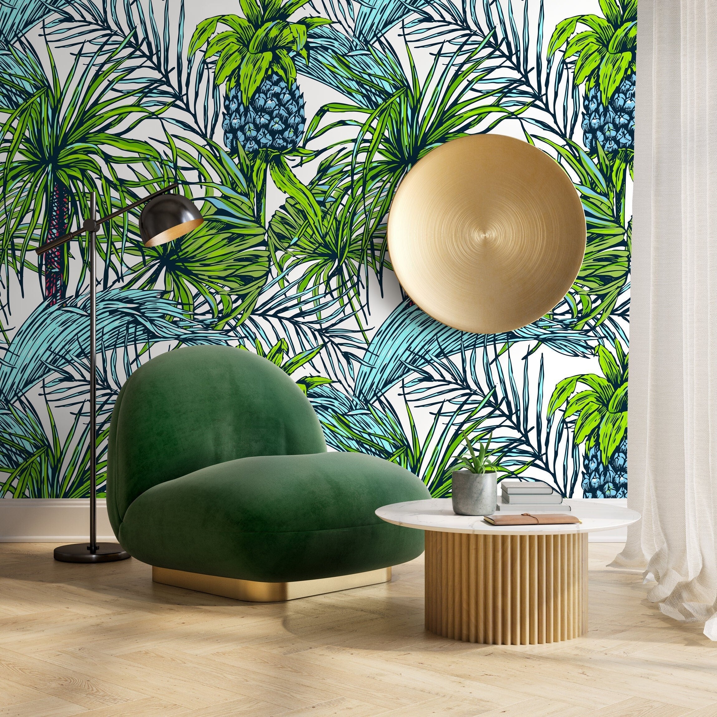Tropical Wallpaper With Palm Leaves And Pineapples In Green And Blue - B113