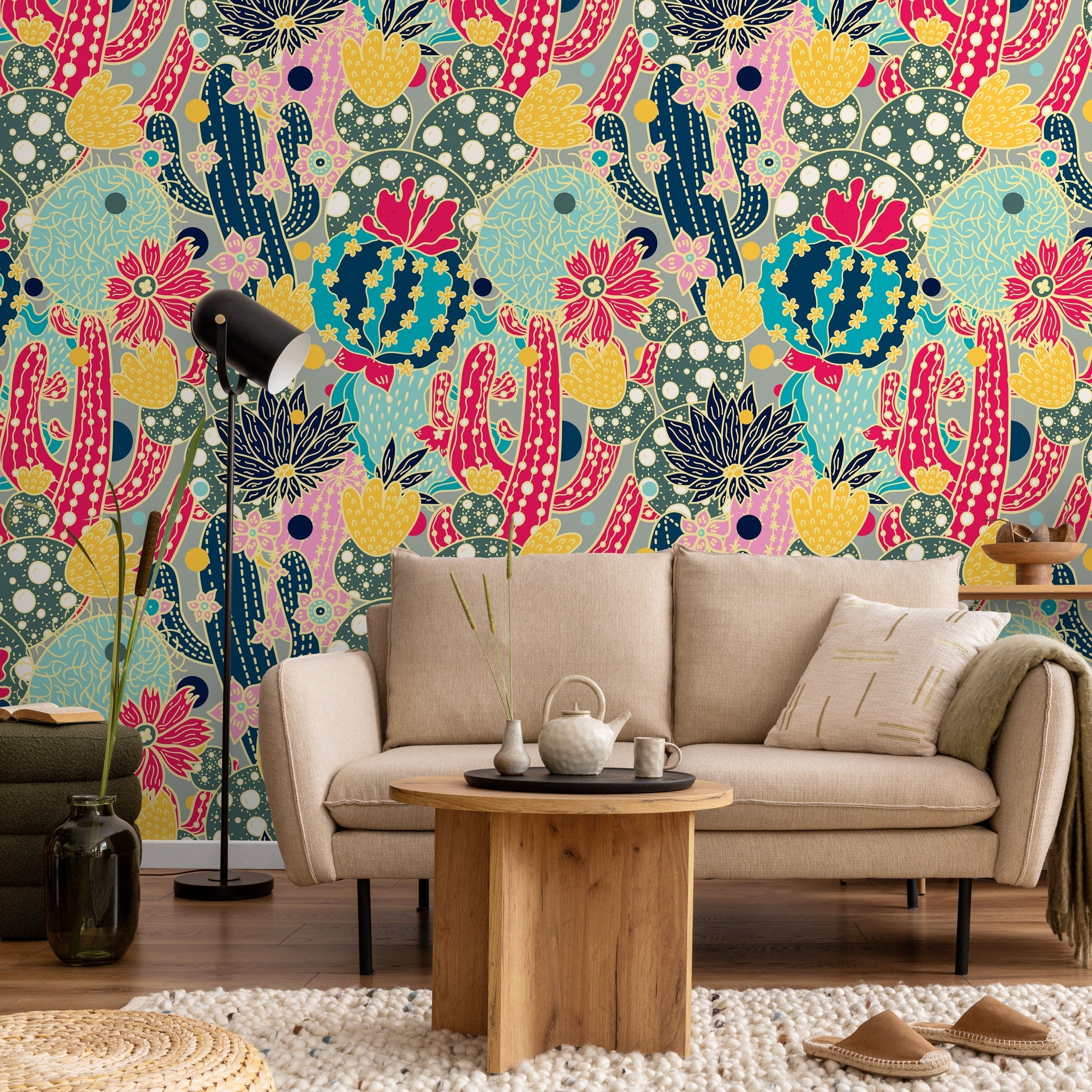 Contemporary Wallpaper Featuring A Bold Cactus Motif In Pink, Blue, And Yellow - A884