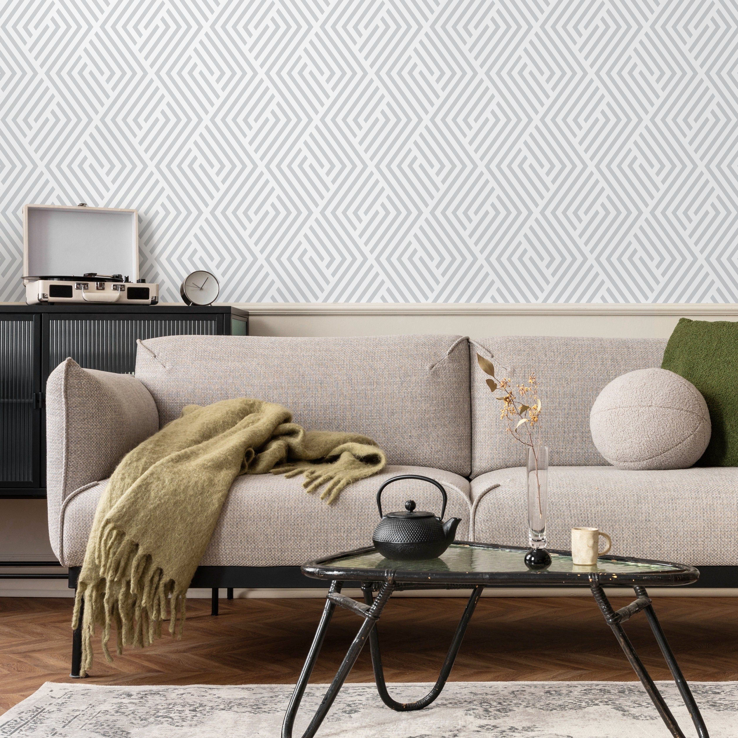 Geometric Wallpaper With A Labyrinth Line Motif In Grey - B245
