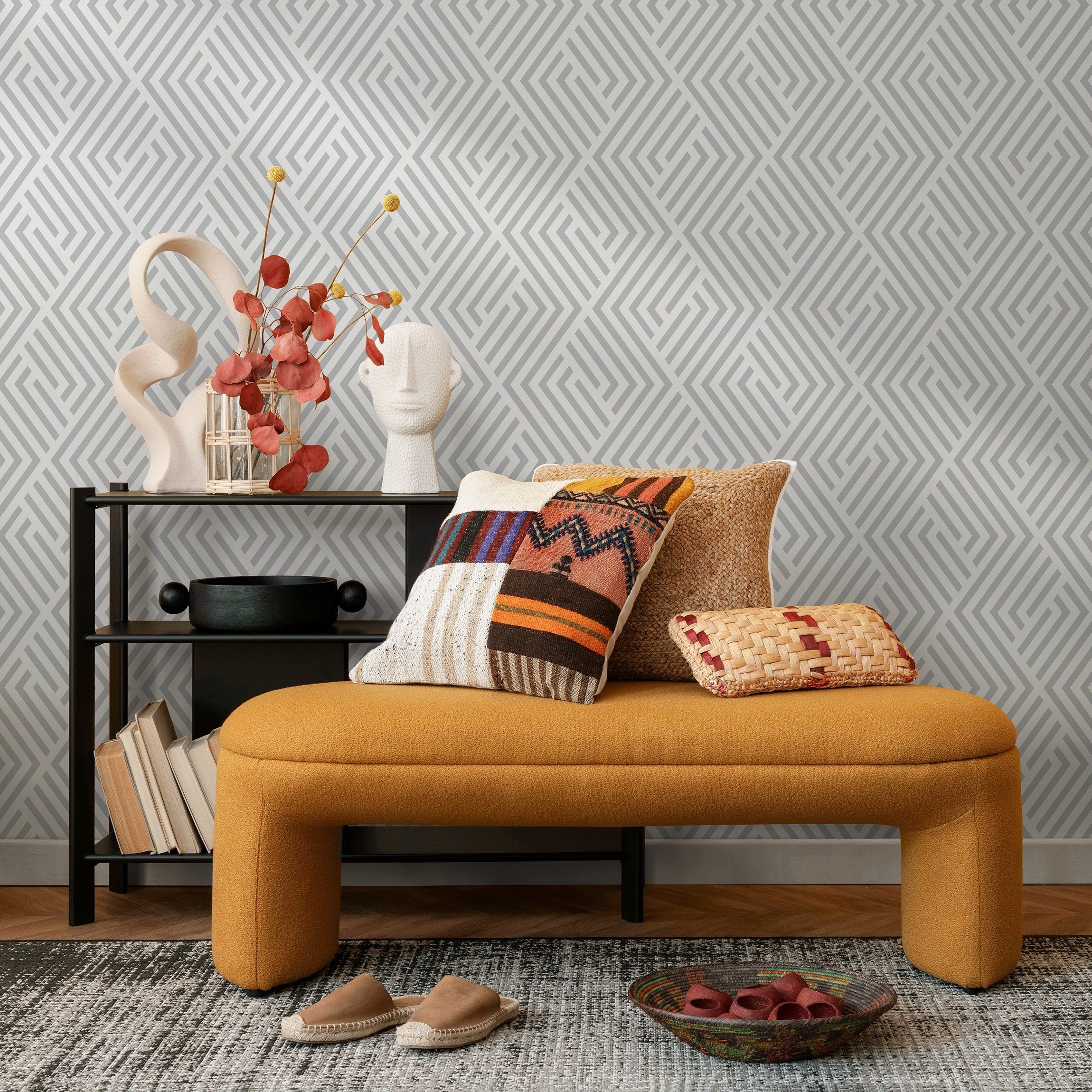 Geometric Wallpaper With A Labyrinth Line Motif In Grey - B245