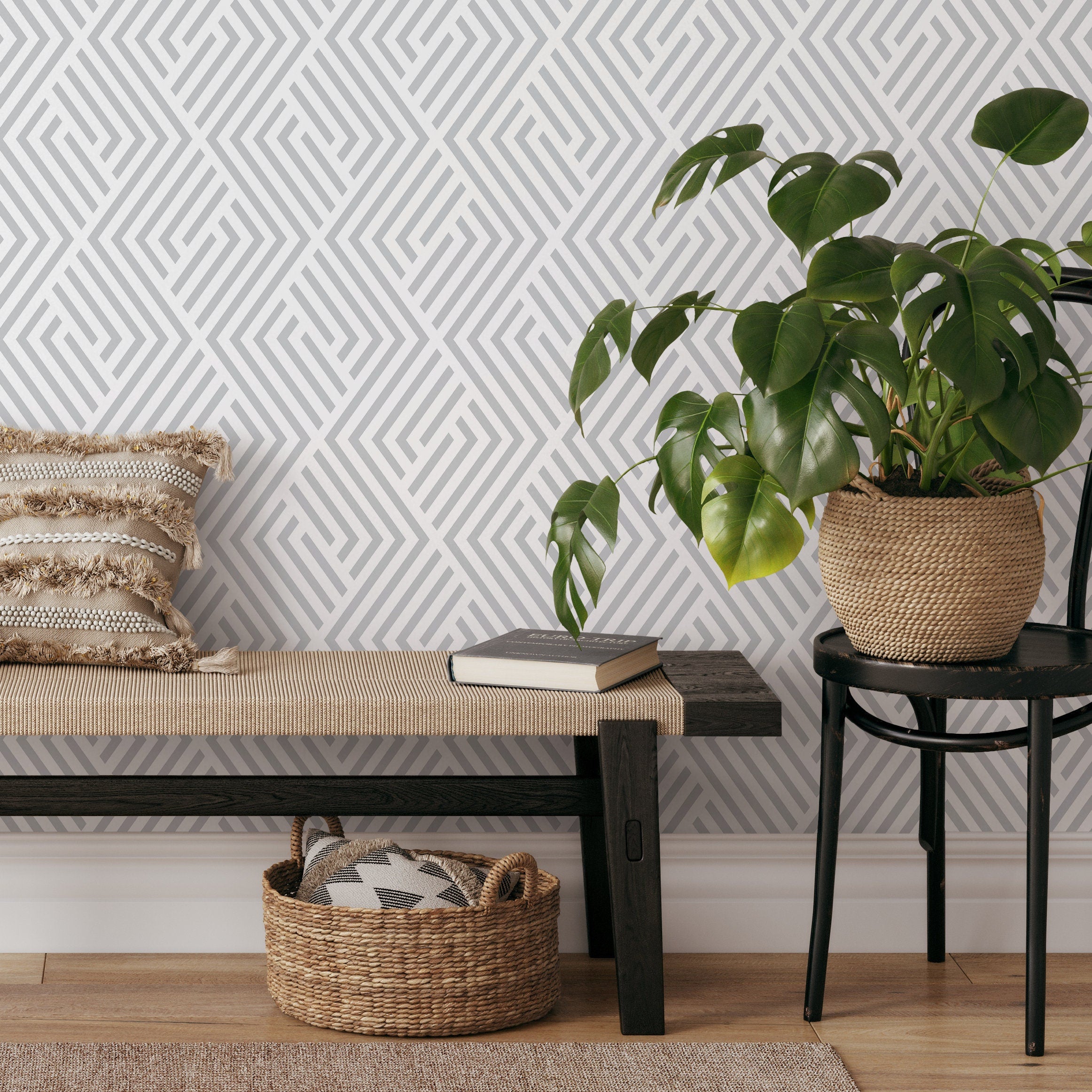 Geometric Wallpaper With A Labyrinth Line Motif In Grey - B245