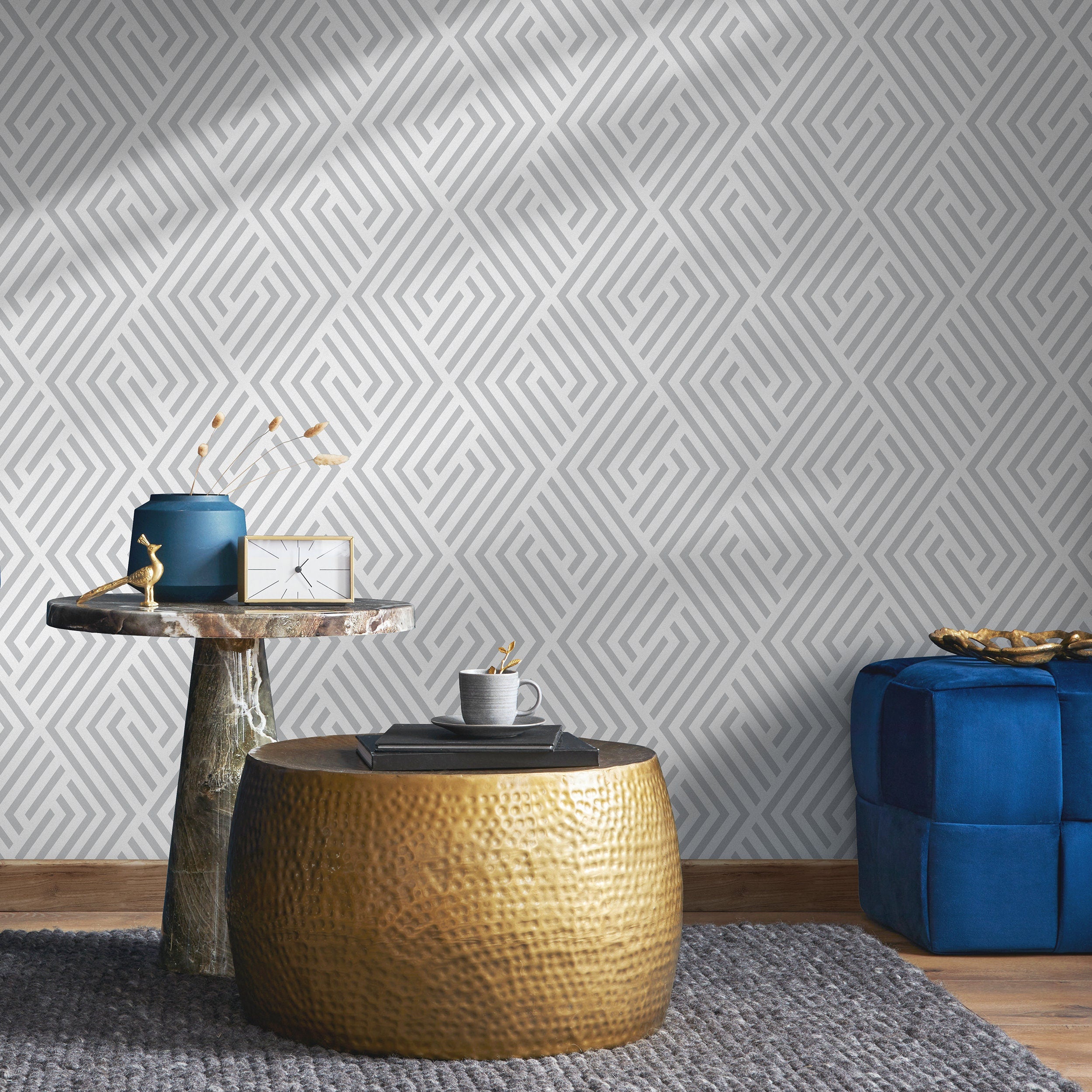 Geometric Wallpaper With A Labyrinth Line Motif In Grey - B245