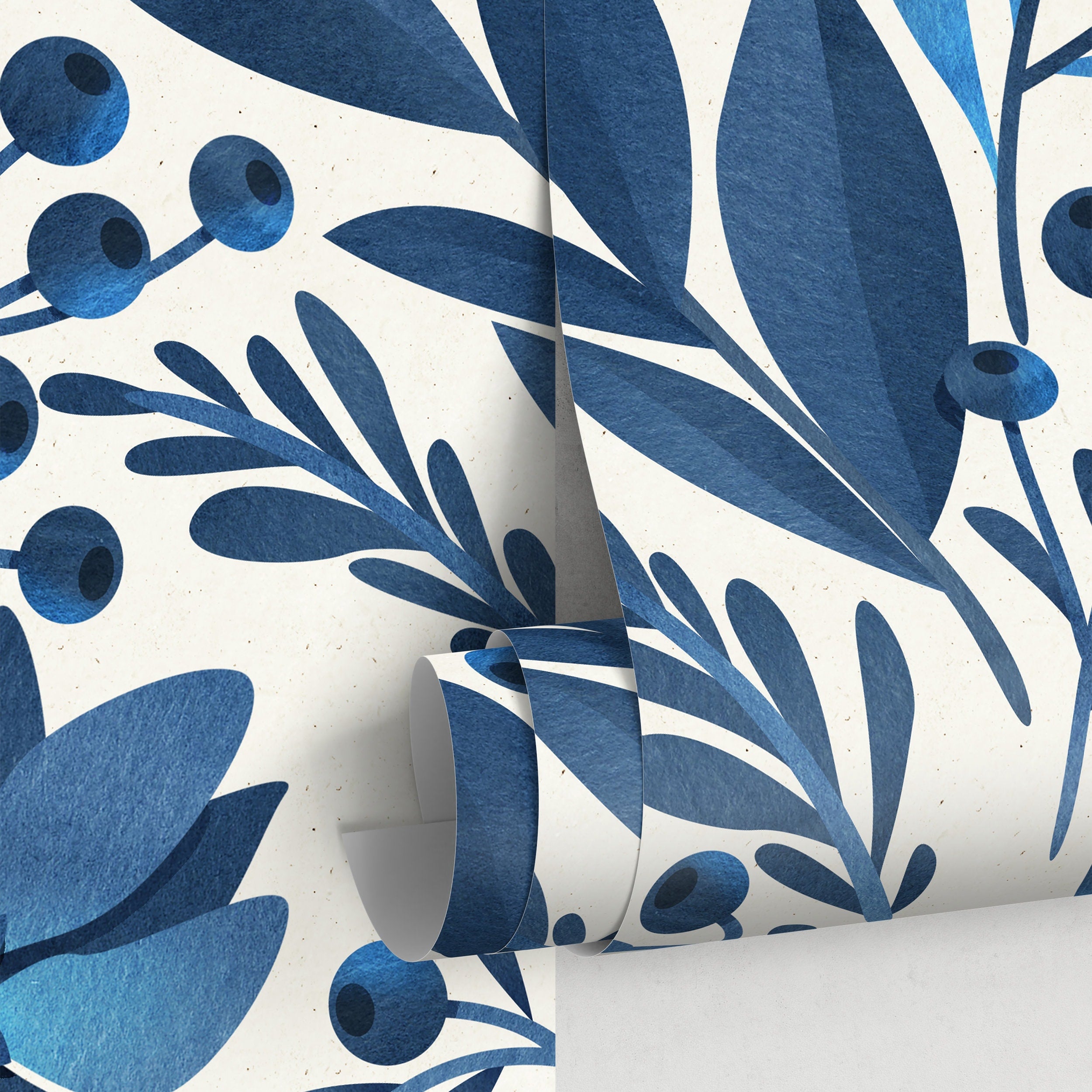 Botanical Wallpaper With Stylized Leaves And Berries In Blue - A371