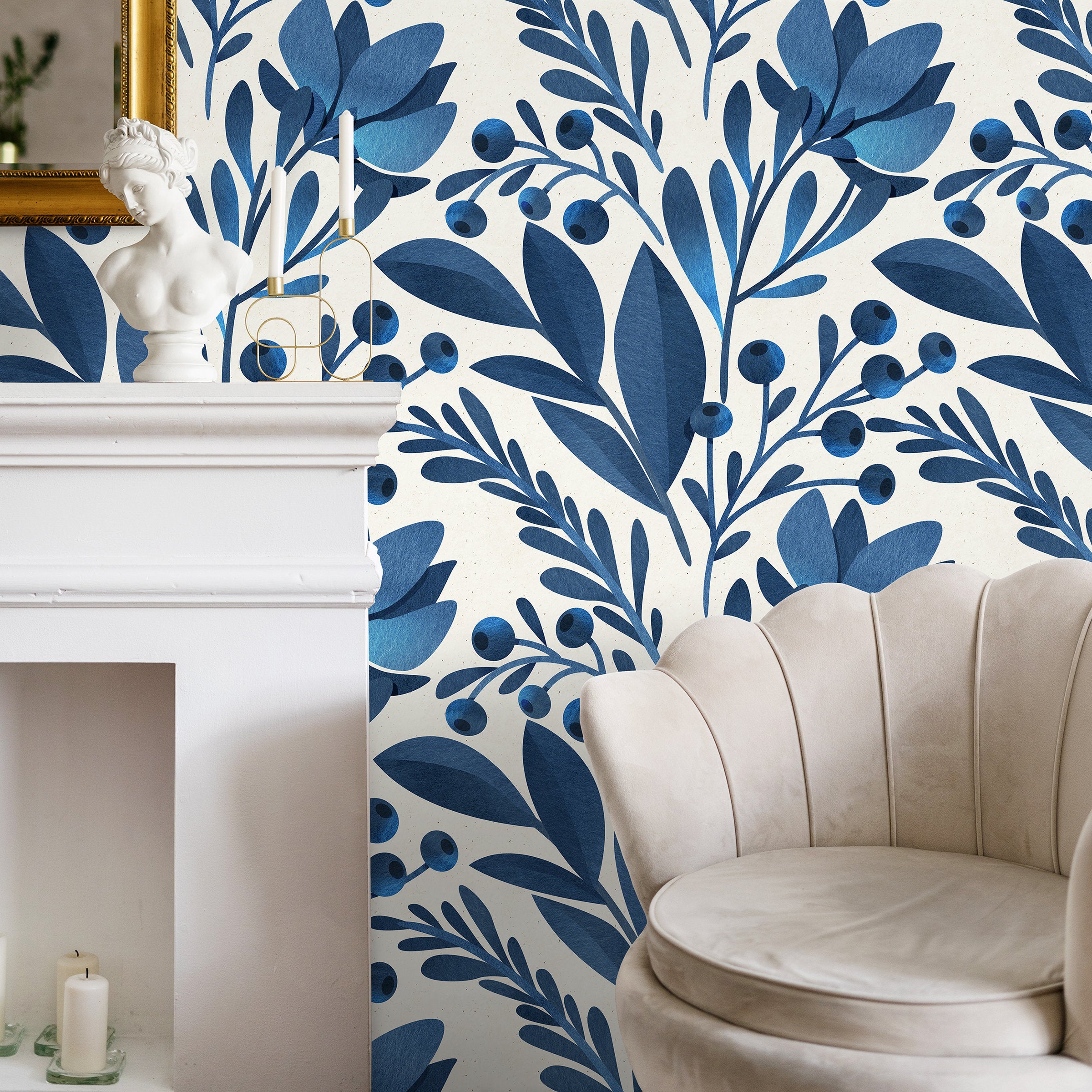Botanical Wallpaper With Stylized Leaves And Berries In Blue - A371