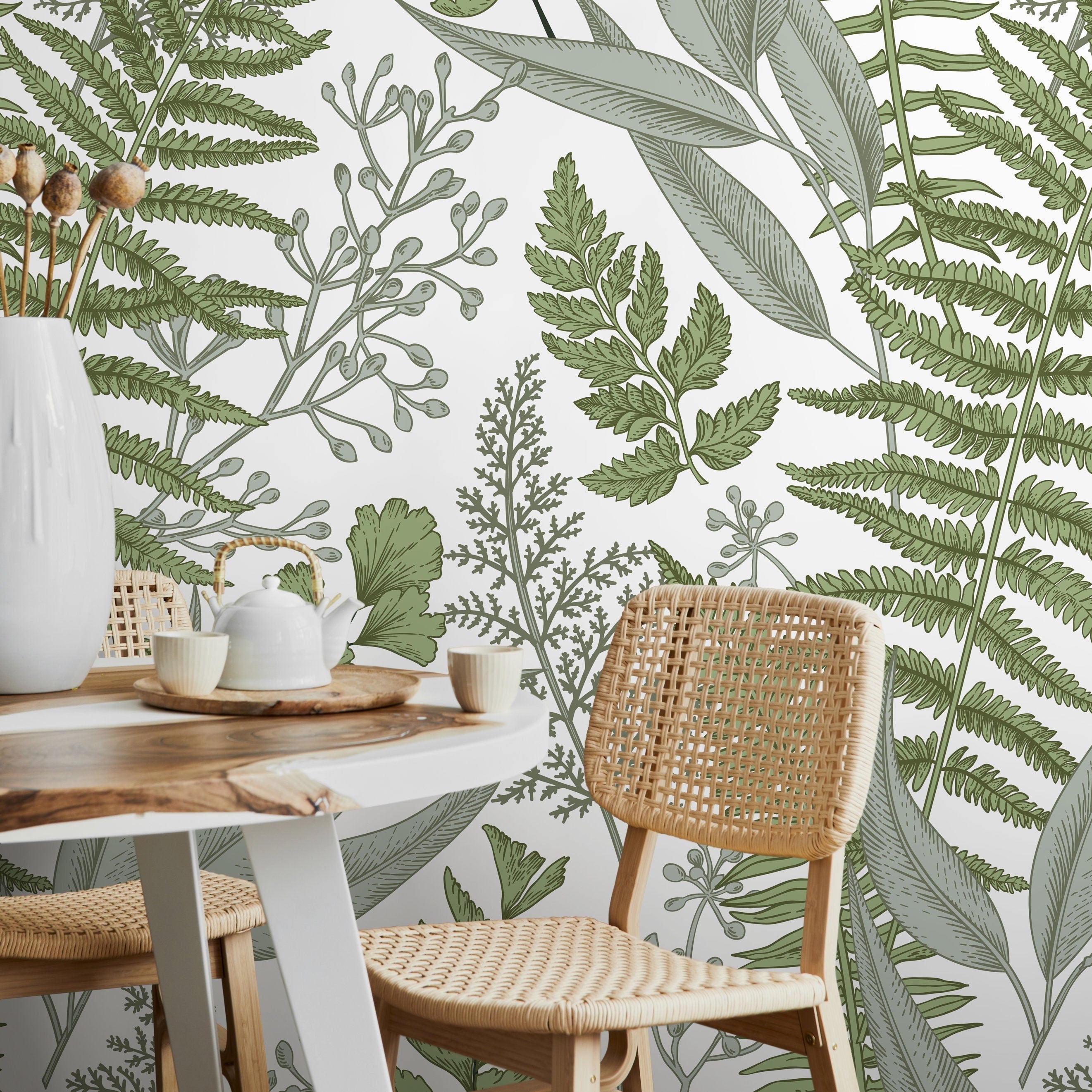 Botanical Wallpaper With Illustrated Fern And Foliage In Green And Sage - A530