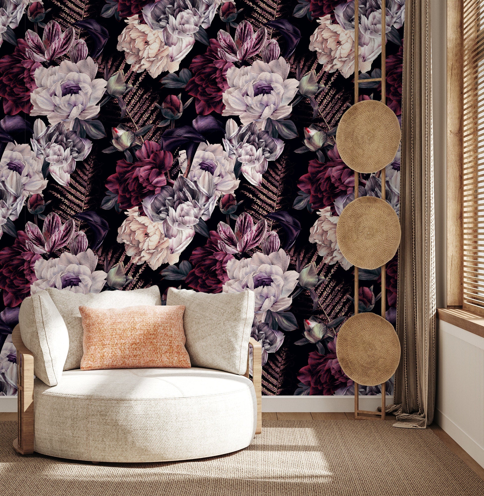 Floral Wallpaper Featuring Lush Dark Peonies In Burgundy And Lavender - A850