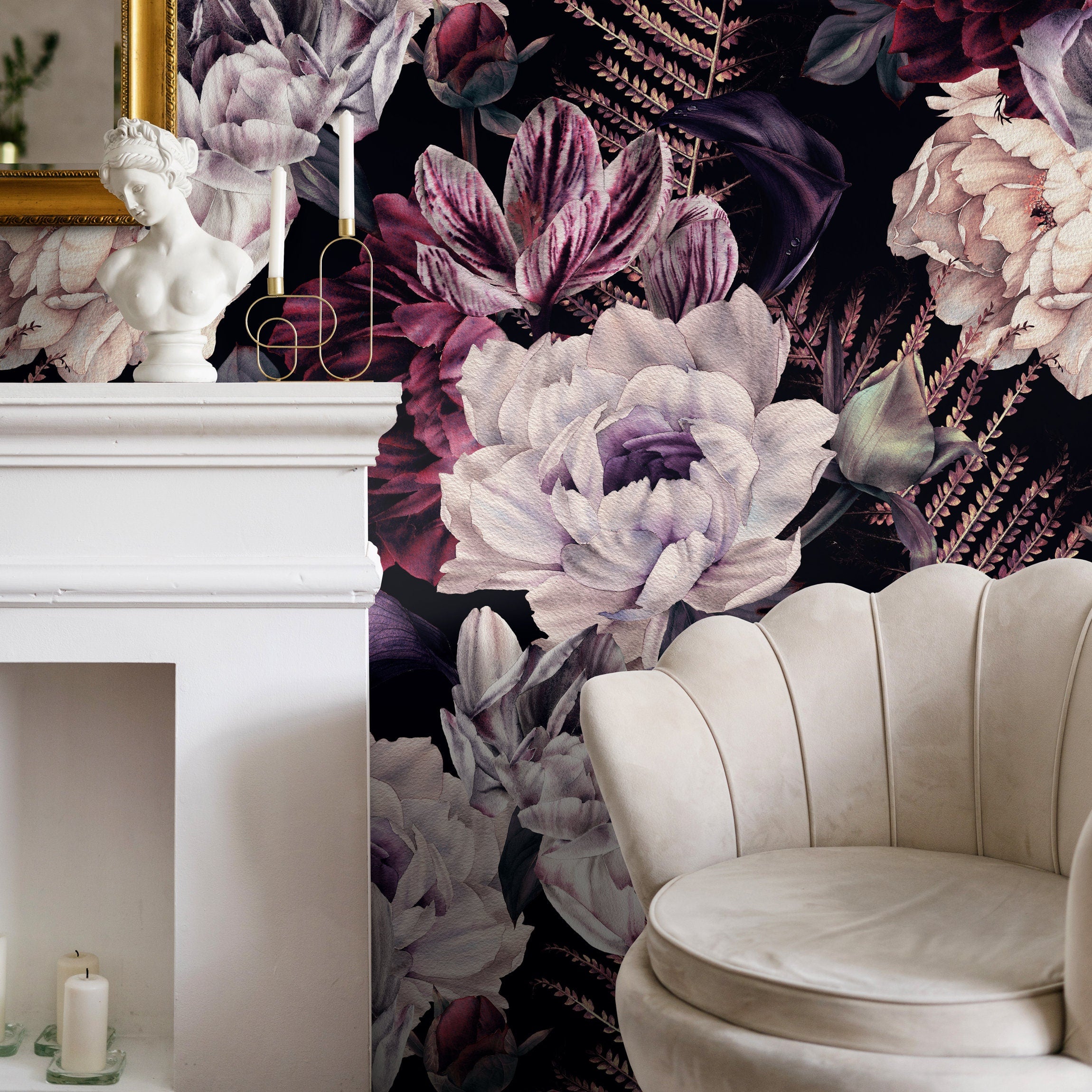 Floral Wallpaper Featuring Lush Dark Peonies In Burgundy And Lavender - A850