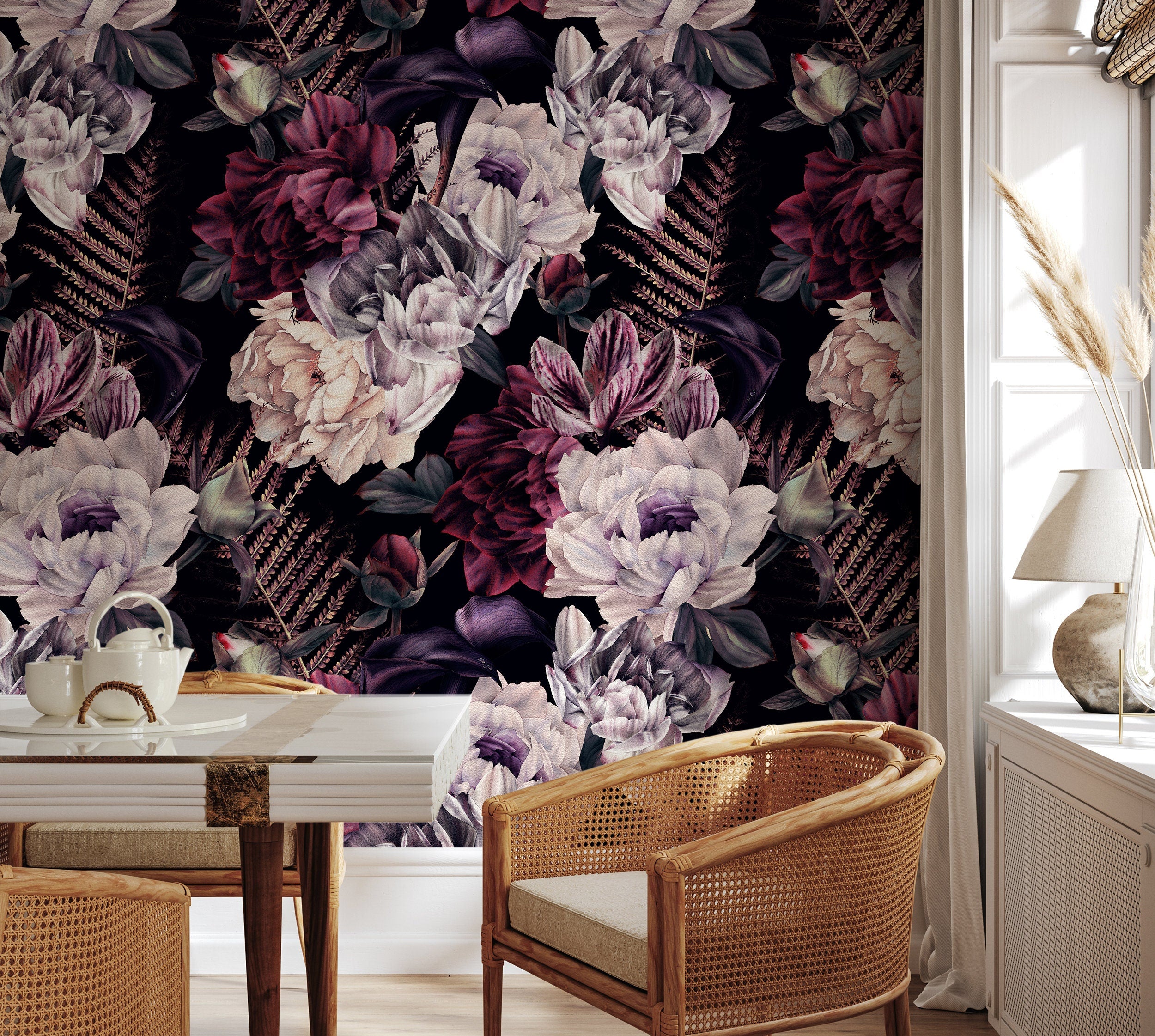 Floral Wallpaper Featuring Lush Dark Peonies In Burgundy And Lavender - A850