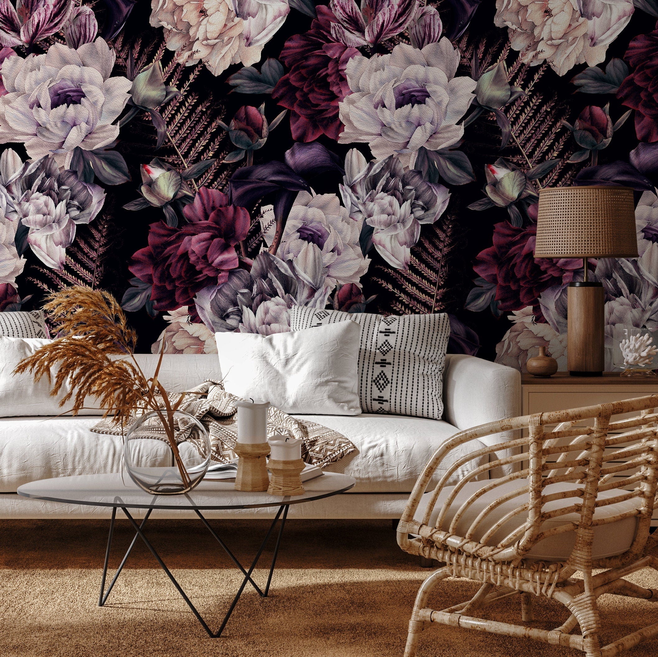 Floral Wallpaper Featuring Lush Dark Peonies In Burgundy And Lavender - A850