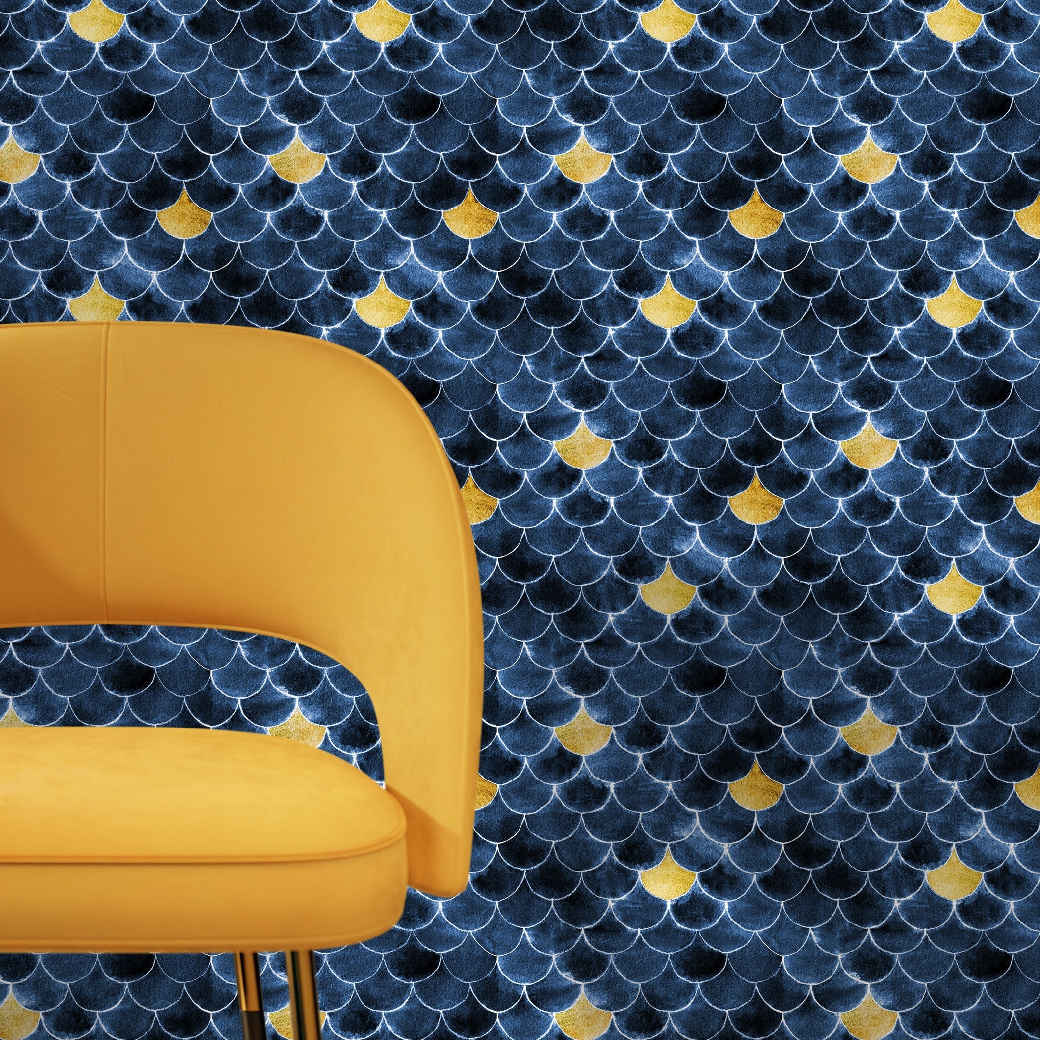 Scallop Wallpaper With A Watercolor Fish Scale Motif In Blue, Gold, And White - X091