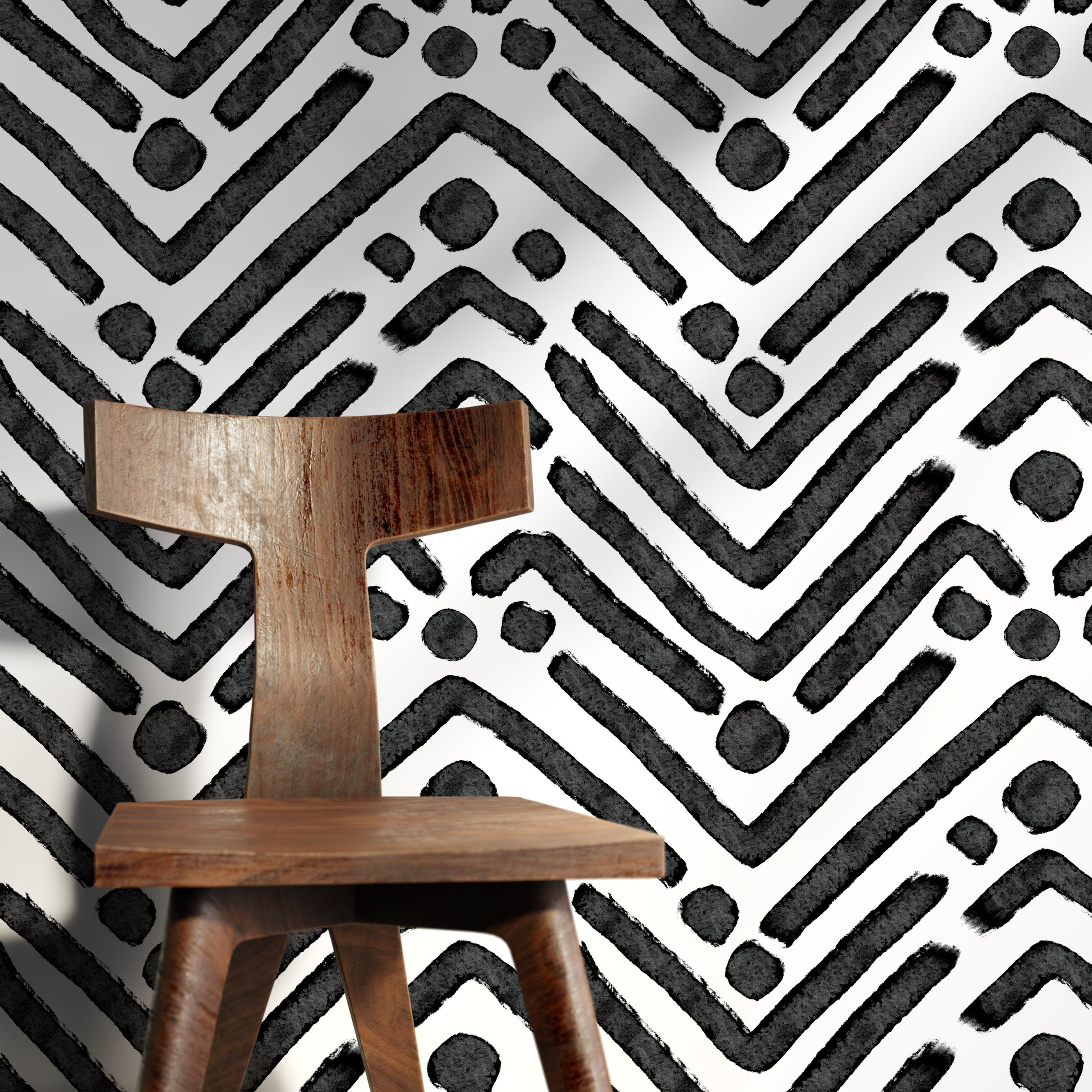 Geometric Wallpaper With A Hand-painted Chevron Motif In Black And White - X104