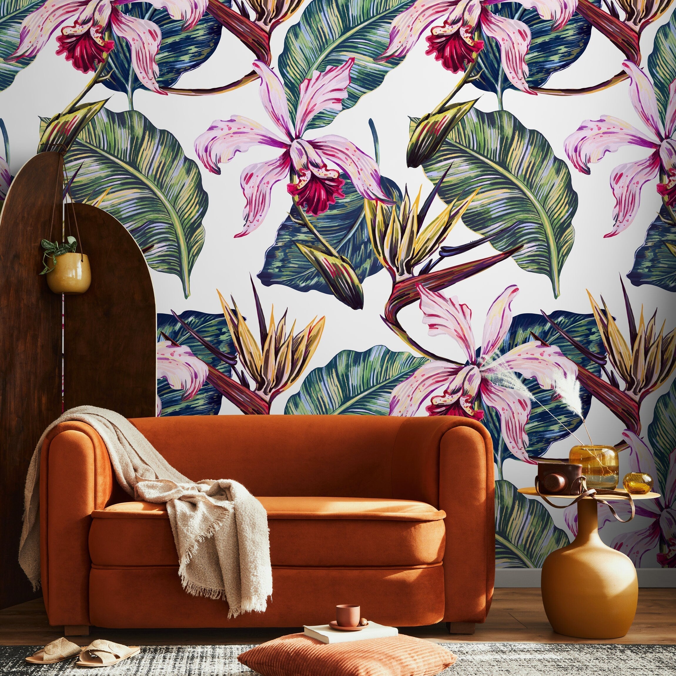 Botanical Wallpaper With Painted Orchids And Banana Leaves In Pink And Green - A584