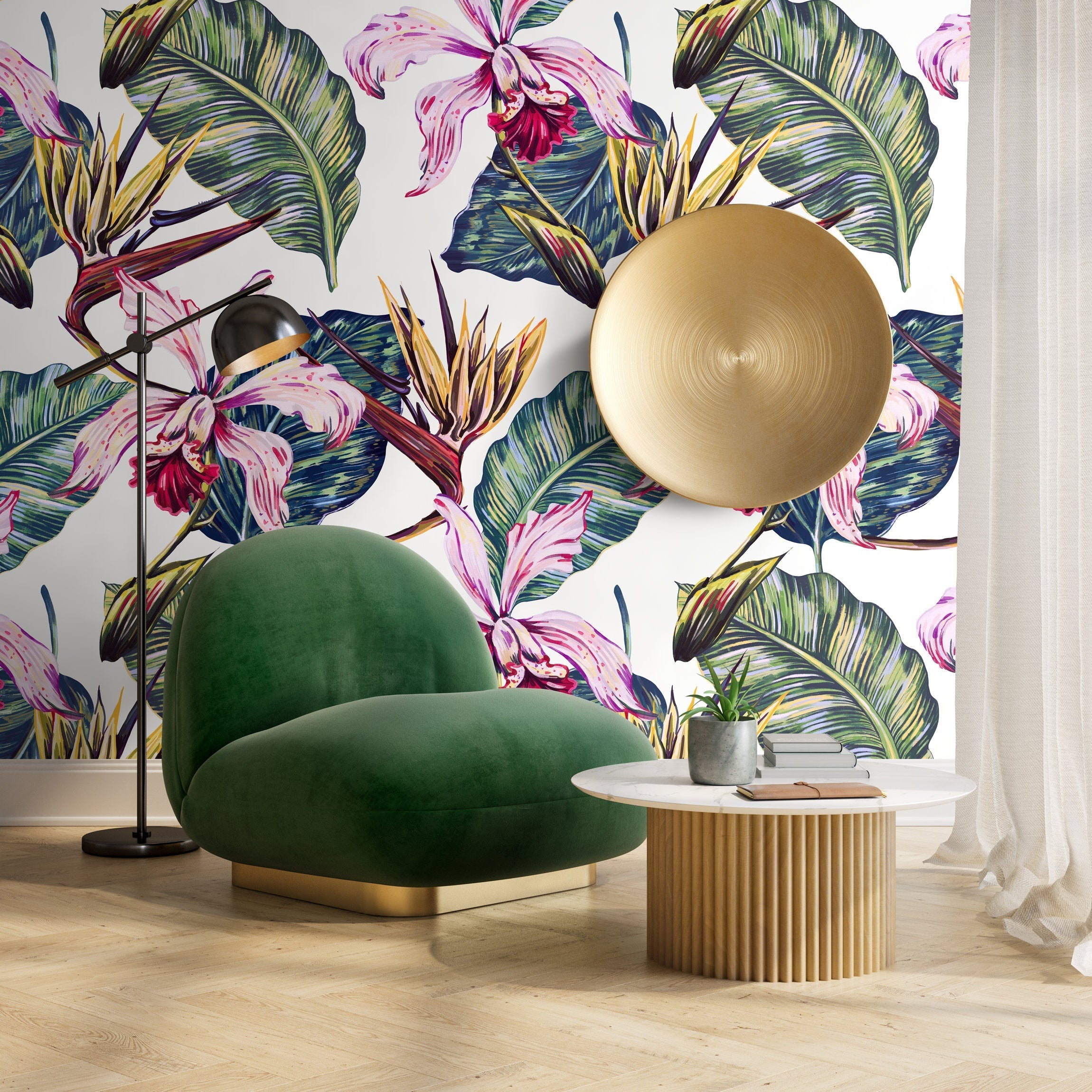 Botanical Wallpaper With Painted Orchids And Banana Leaves In Pink And Green - A584