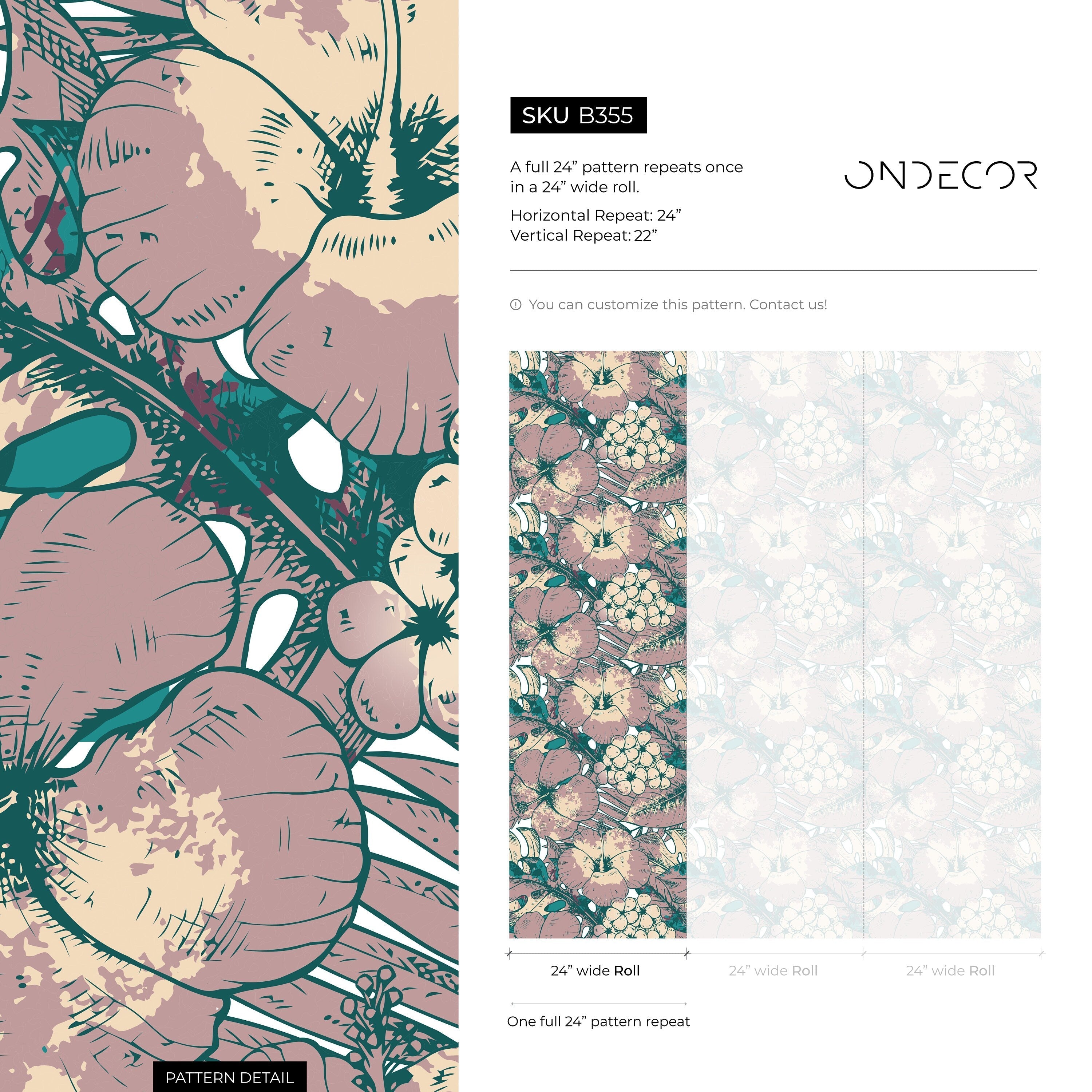 Tropical Wallpaper With Hibiscus And Monstera Leaves In Teal, Mauve, And Beige - B355