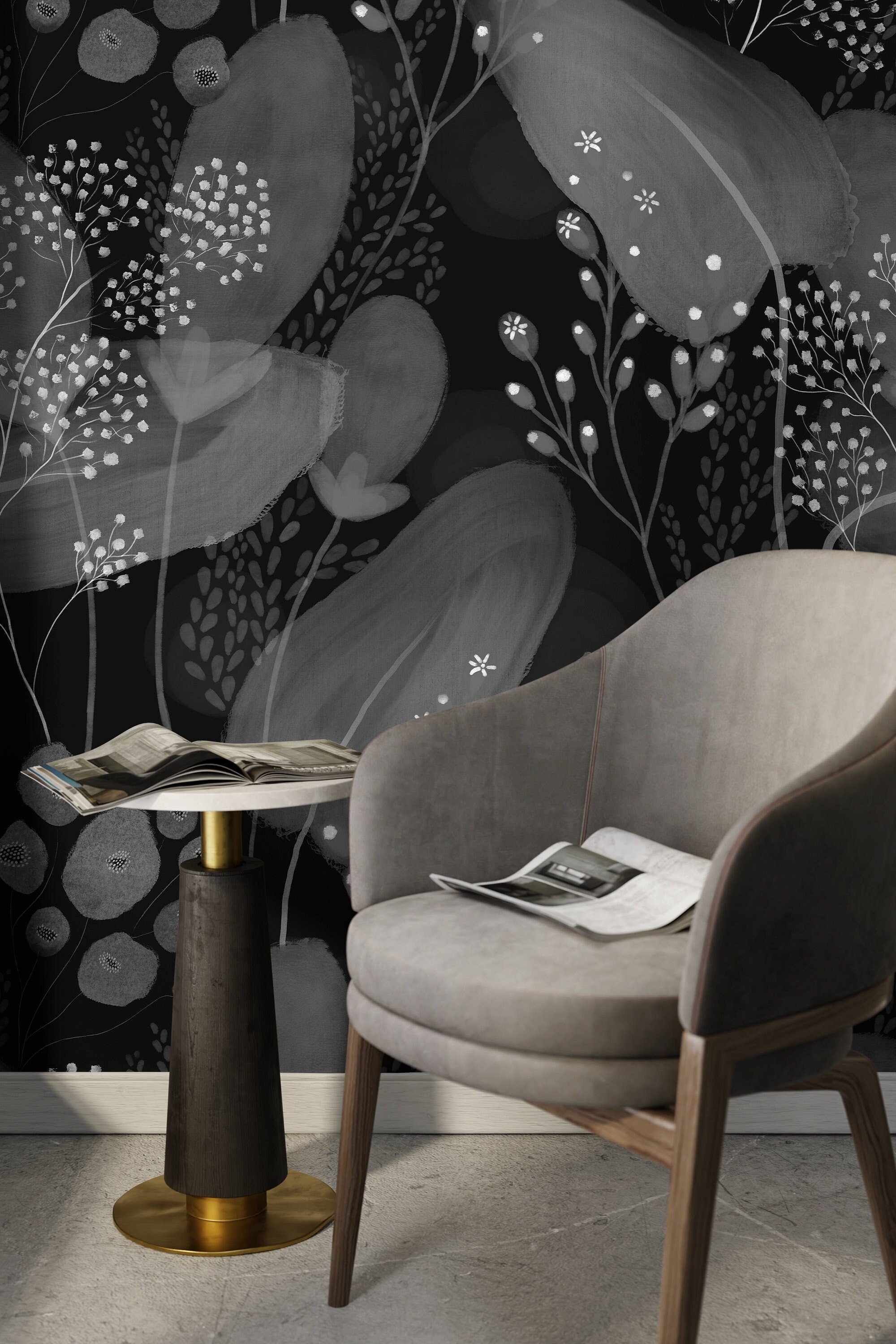 Floral Wallpaper Featuring Abstract Botanicals In Black, Gray, And White - X166
